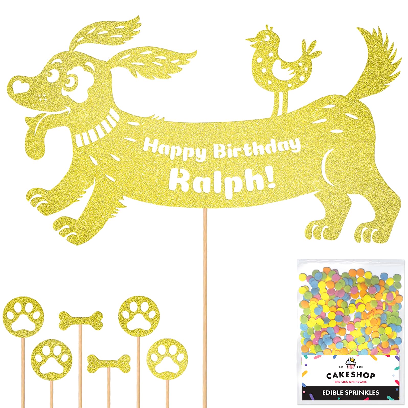 Personalised Birthday Dog Puppy Glitter Cake Topper- Champagne Any Name & Age Glitter Cake Decoration and Sprinkles - Happy Birthday Decorations - Personalised Toppers for Cakes by Cakeshop — image 1