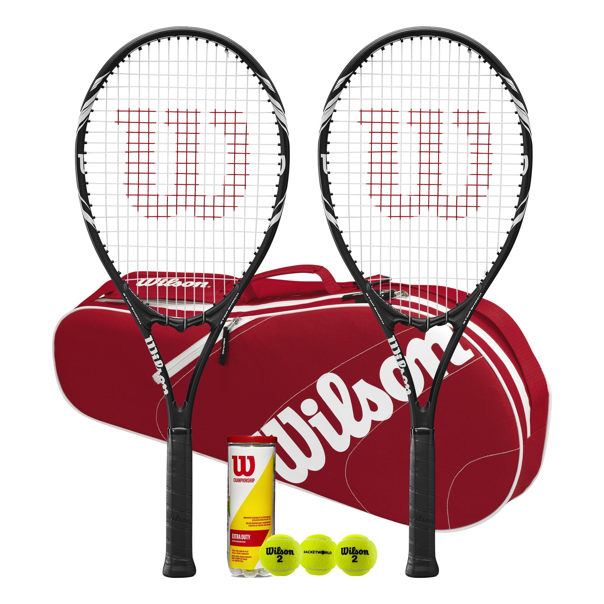 Wilson Federer Tennis Racket Twin Set, Black, 68.5 cm, with Tennis Bag and Balls (With Red Advantage Bag)