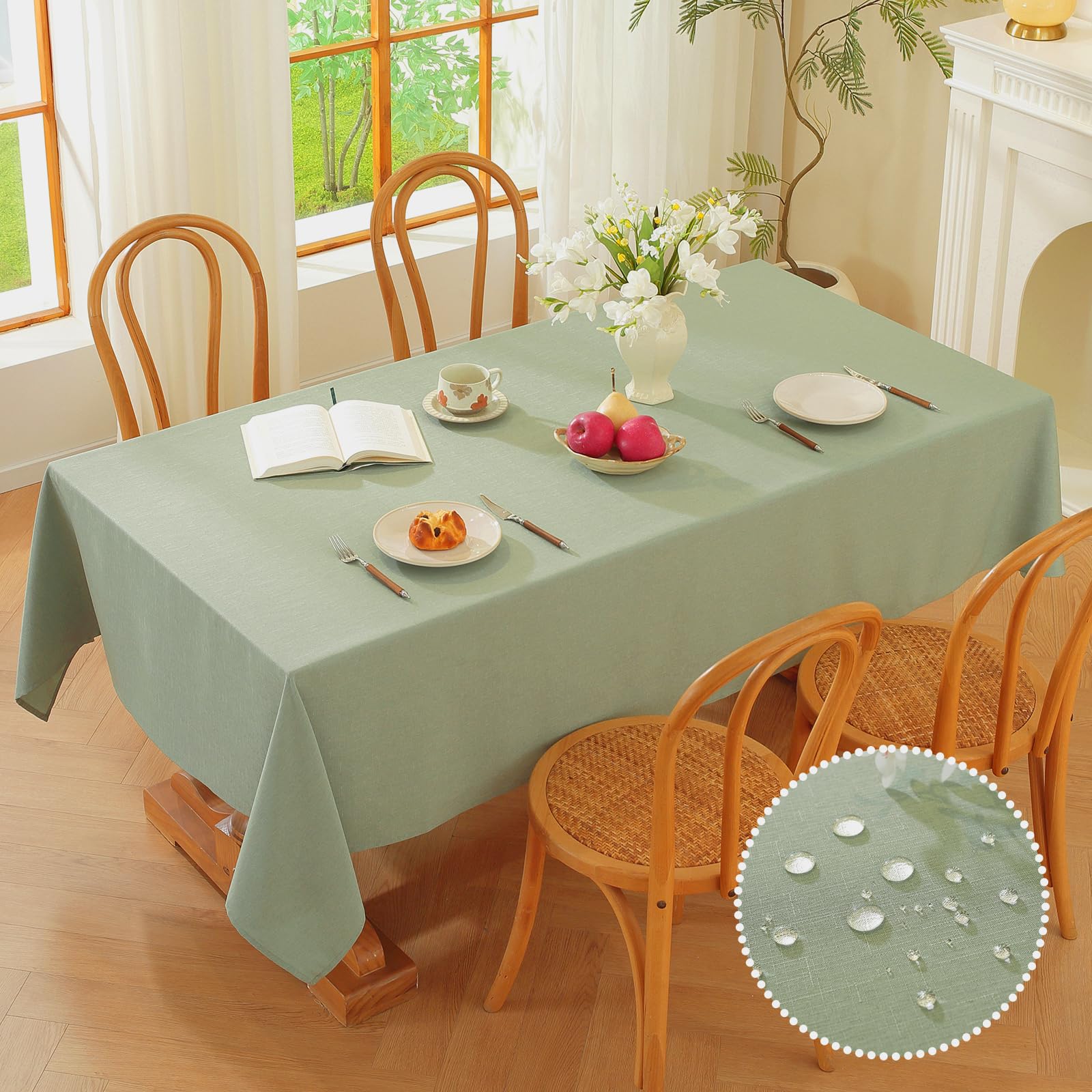 Alsoo Tovaglia rettangolare in lino, 152 x 270 cm, impermeabile, a prova di perdite, senza pieghe, per sala da pranzo, feste, buffet, vacanze, verde salvia