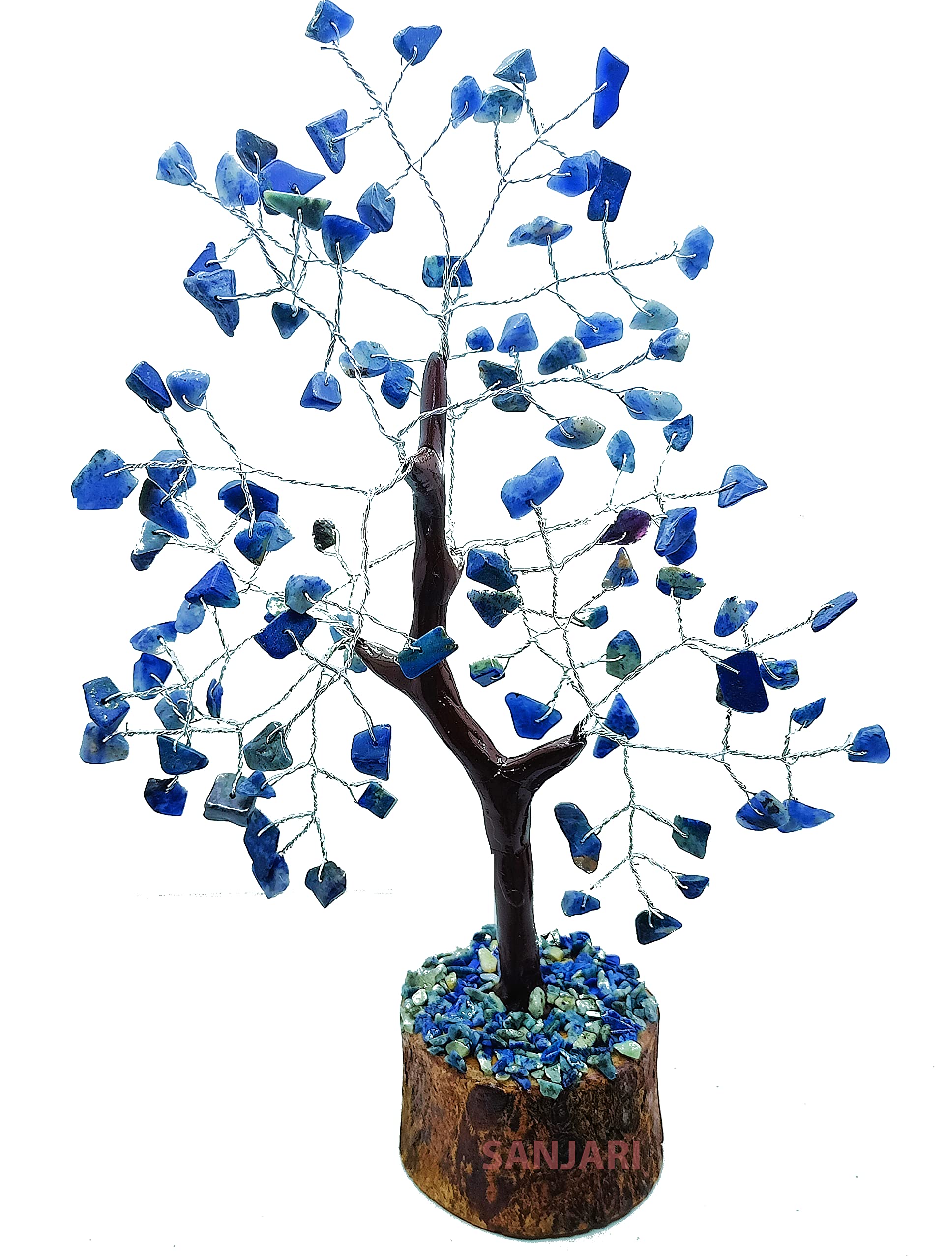 Sanjari Lapis Lazuli Natural Crystal Tree,Natural Crystal Chips Tree, Look So Beautiful with wooden Base for healing, Meditation, Reiki purposes (Size 100 Chips, 1 PCS)