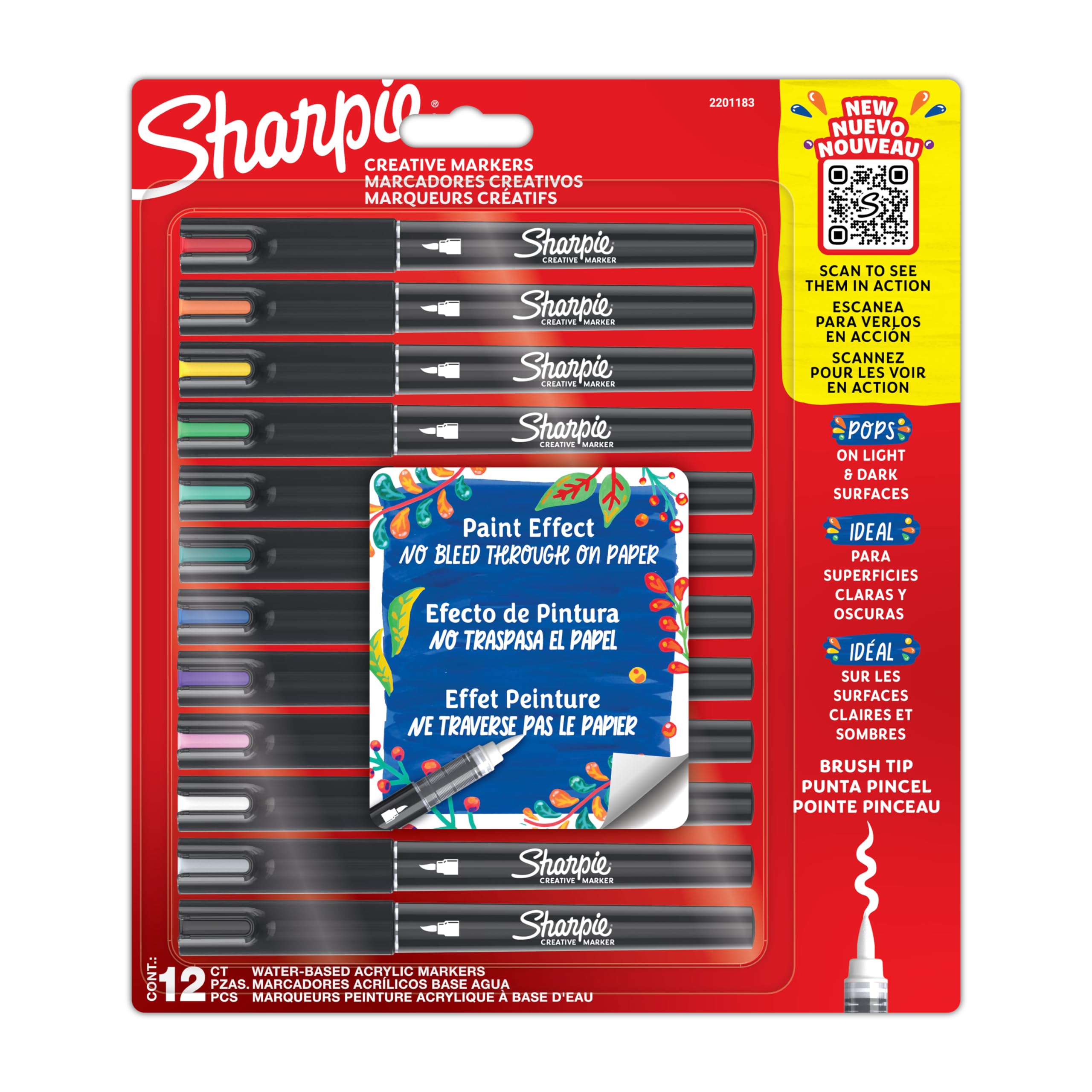 Sharpie Creative Acrylic Markers Water Brush Pens | Smudgeless Ink | Writes on Most Surfaces | School Supplies | Assorted Colors | 12 Count