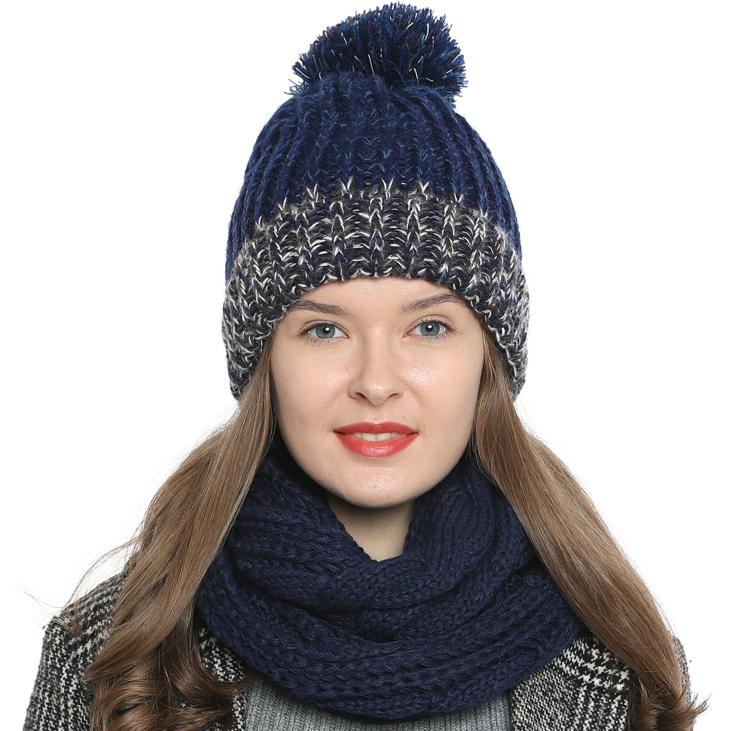 DonDon Women's Winter Beanie and pom-pom with Warm and Soft Lining - Blue White Brown