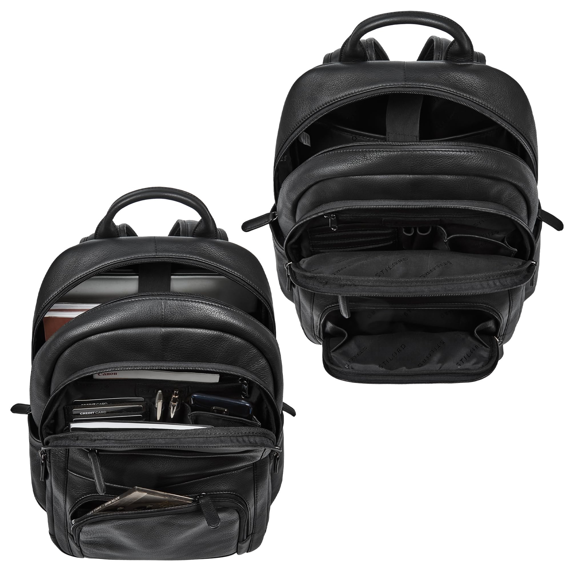 STILORD 'Ramiro' Grande Mochila Hombre Trabajo de Cuero Auténtico - Backpack Travel Robusta Muchos Compartimentos para Portátil de 15,6-16' con Sujeción para Trolley, Color:Negro