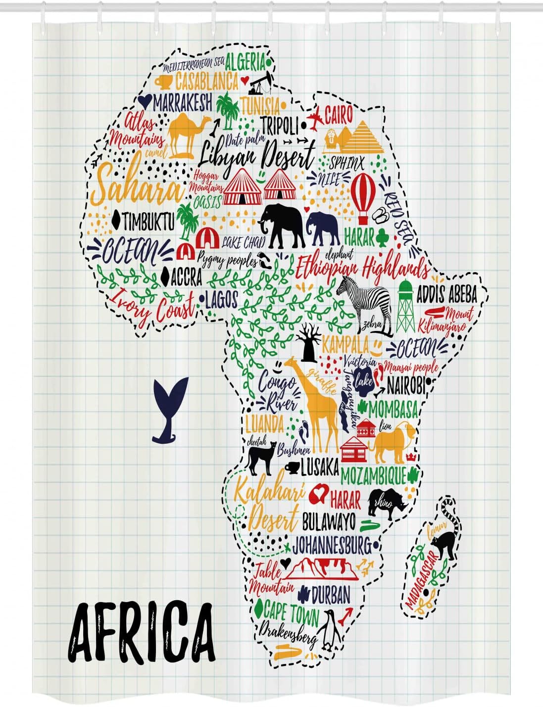 Ambesonne Saying Stall Shower Curtain, Colorful Lettering of Countries in Continent with Animals Art Print, Fabric Bathroom Decor Set with Hooks, 54" W x 78" L, Ivory Multicolor