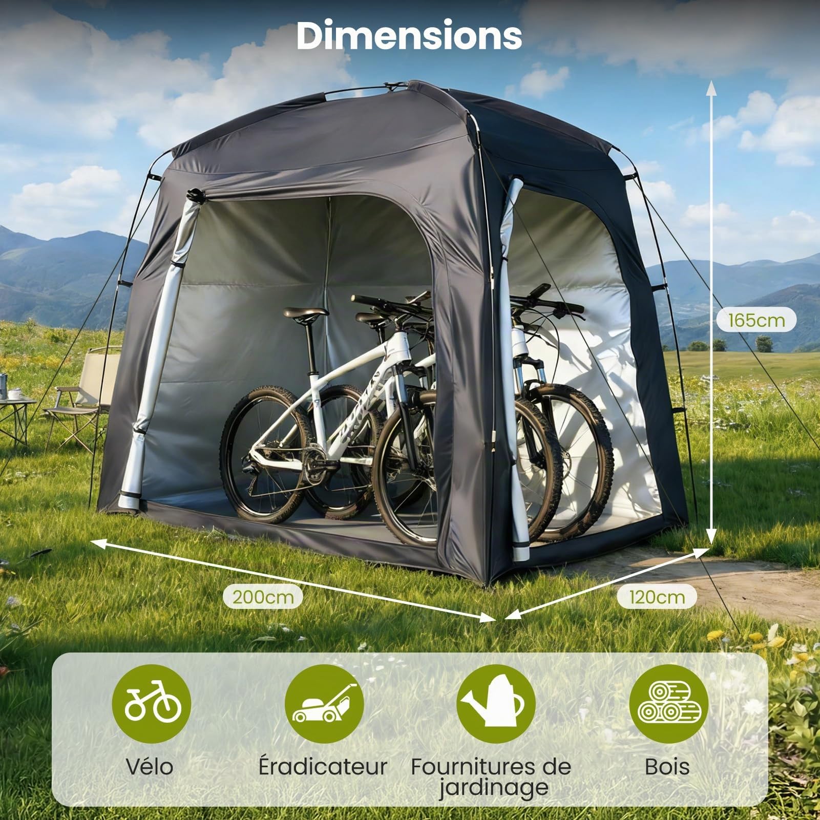 Abri à vélos extérieur pour 1 à 3 vélos, 200*120*165 cm, housse de protection imperméable pour vélos avec fenêtre d'aération, tente de rangement pour vélos, abri de stockage pour bicyclettes (Noir)