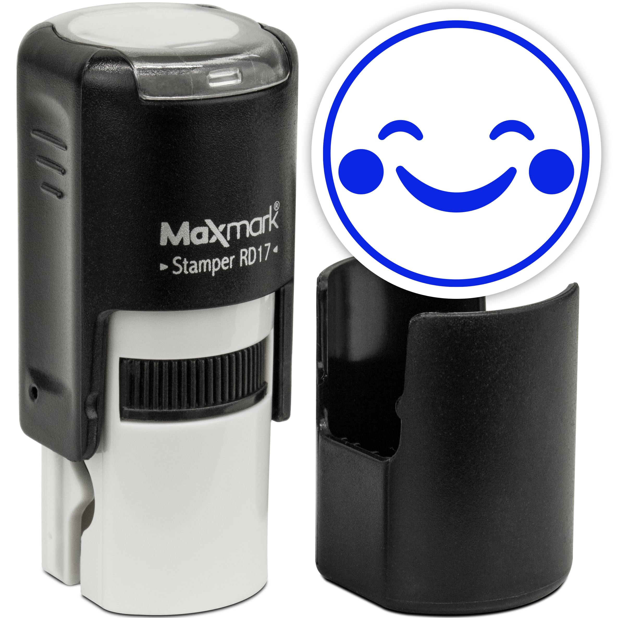 MaxMark Sello redondo personalizado autoentintable de Emoji - Feliz - tinta azul
