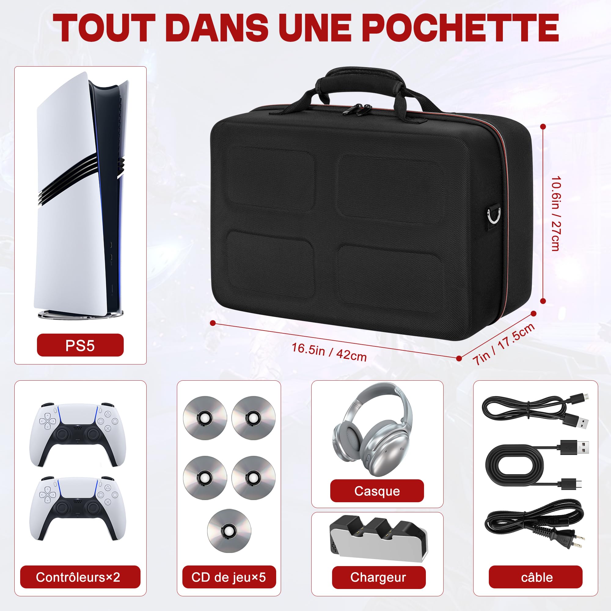 OUUTMEE Sac de Transport pour PS5, Résistant Aux Chutes, Étanche, Noir