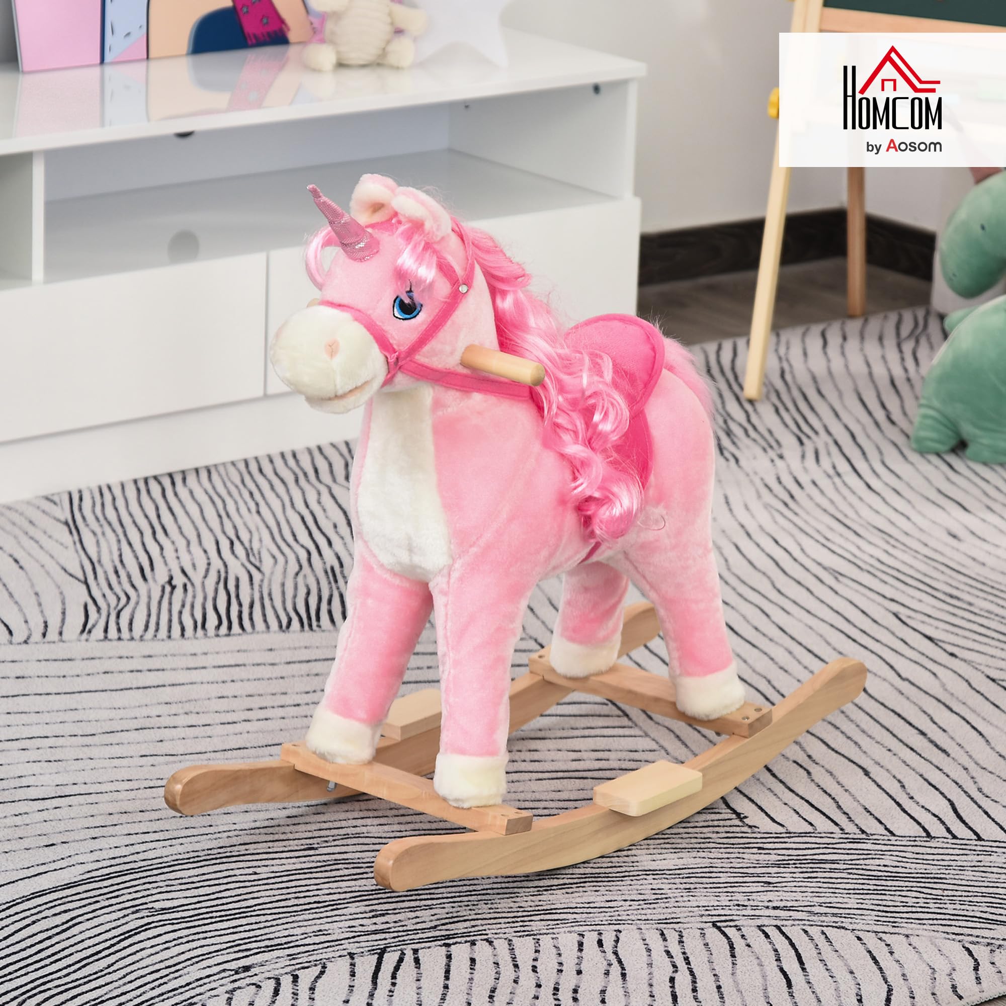 HOMCOM Cavallo a dondolo modello Unicorno con Suoni autentici Sella Grande Comfort Legno di pioppo Rosa dim. L74 x L33 x 62H cm