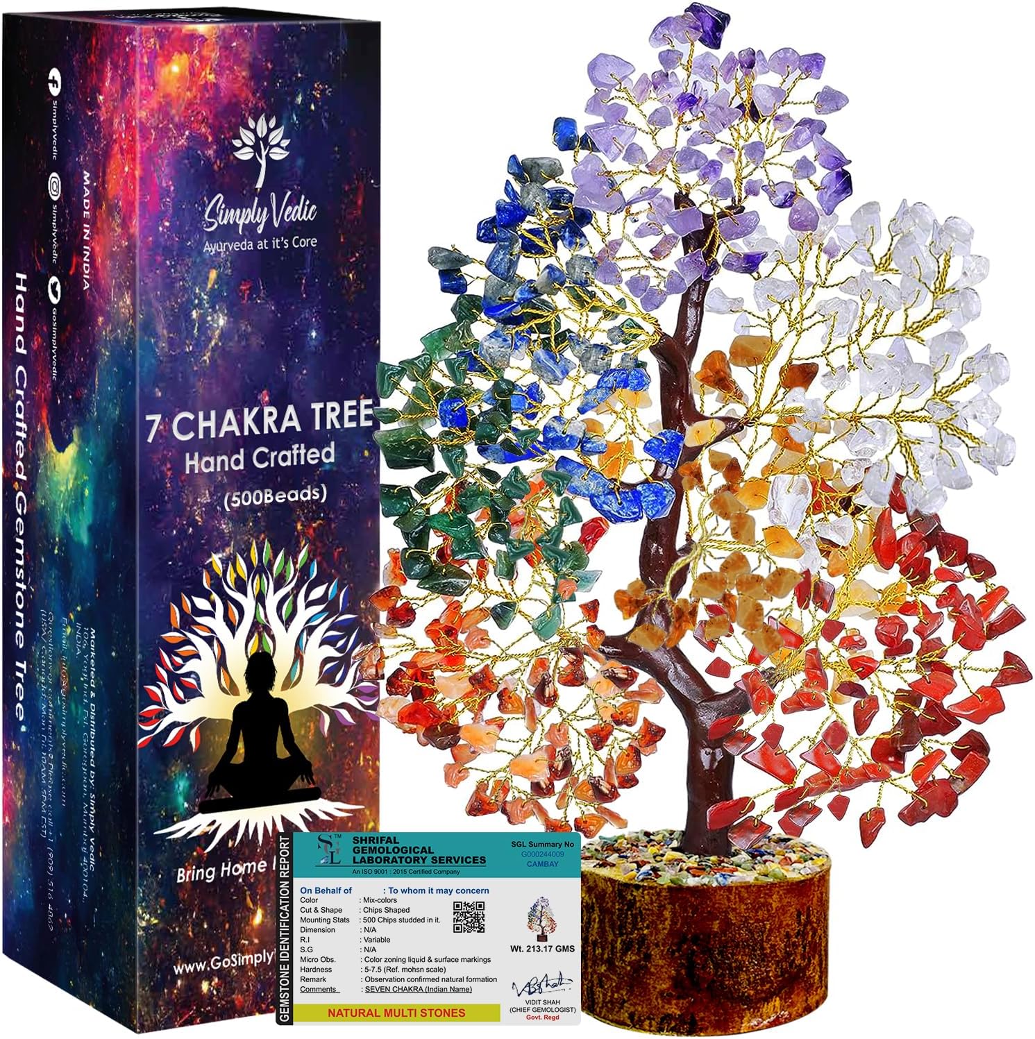 Simply Vedic 7 Chakra Crystal Tree 500 Beads| Gemstones Tree for Chakra Healing, Good Luck, Positive Energy| Feng Shui, Spiritual Gift, Meditation, Office Home Decor| Handmade by Traditional Artist