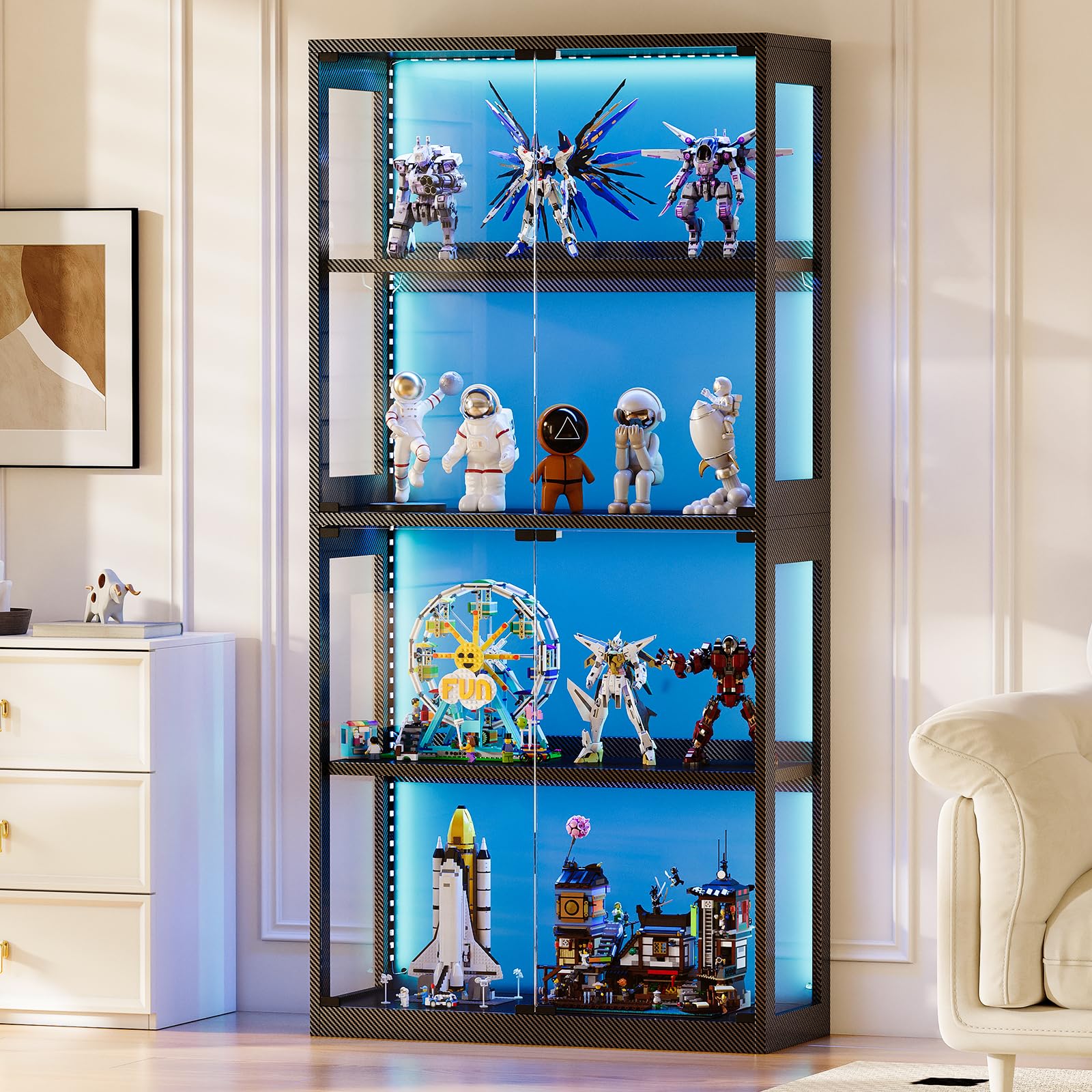 Coleshome Display Cabinets with Glass Doors, 4-Tier Display Cases with LED Lights, Curio Cabinet for Collectibles, Tall Bookcase for Living Room, Office, Black