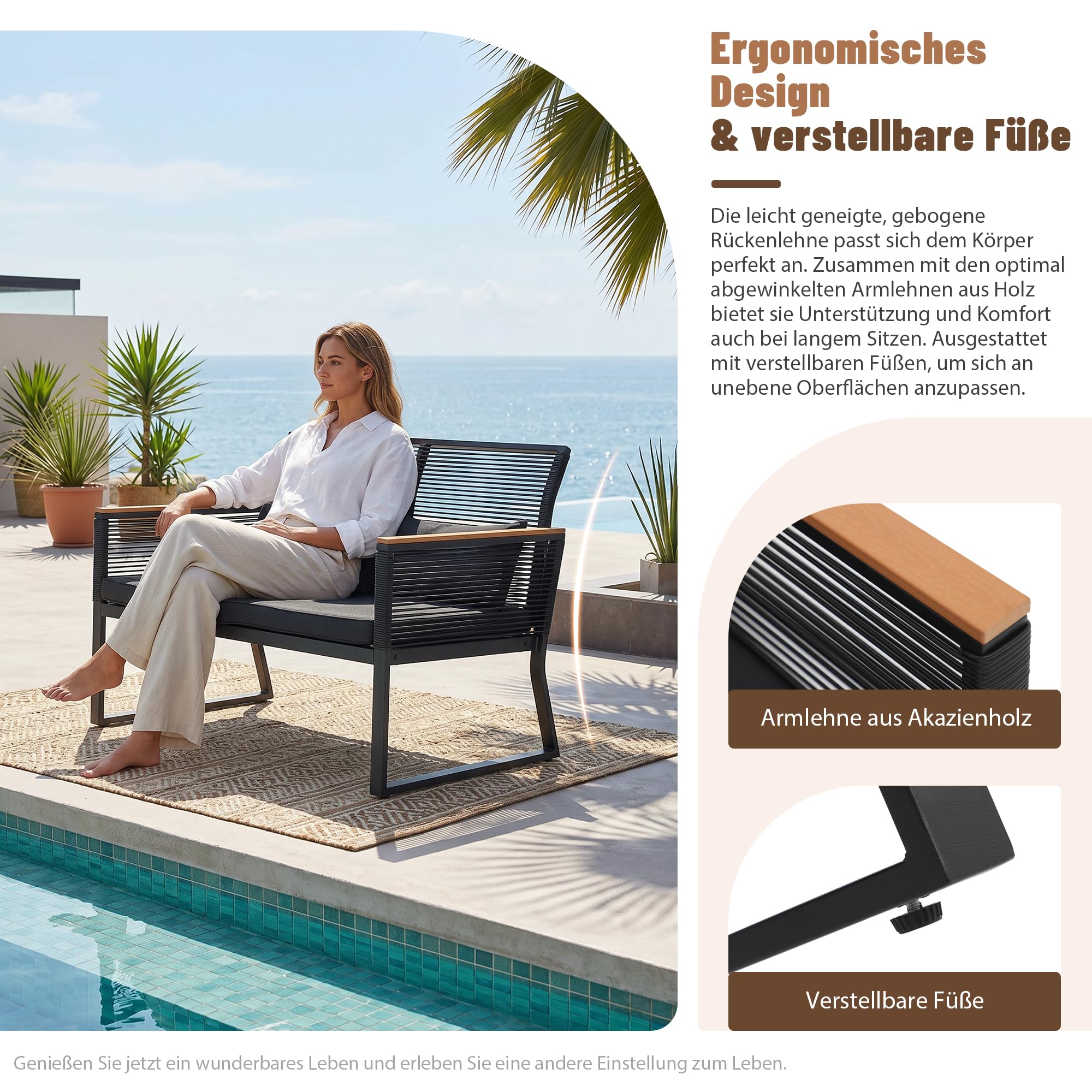 OC Orange-Casual 2er Gartenloveseat Rattan Gartenbank mit Sitzkissen&Rückkissen, Terrasse Sitzbank bis zu 160 kg, Balkonbank für Balkon, Garten, Terrasse, Hinterhof, Schwarz