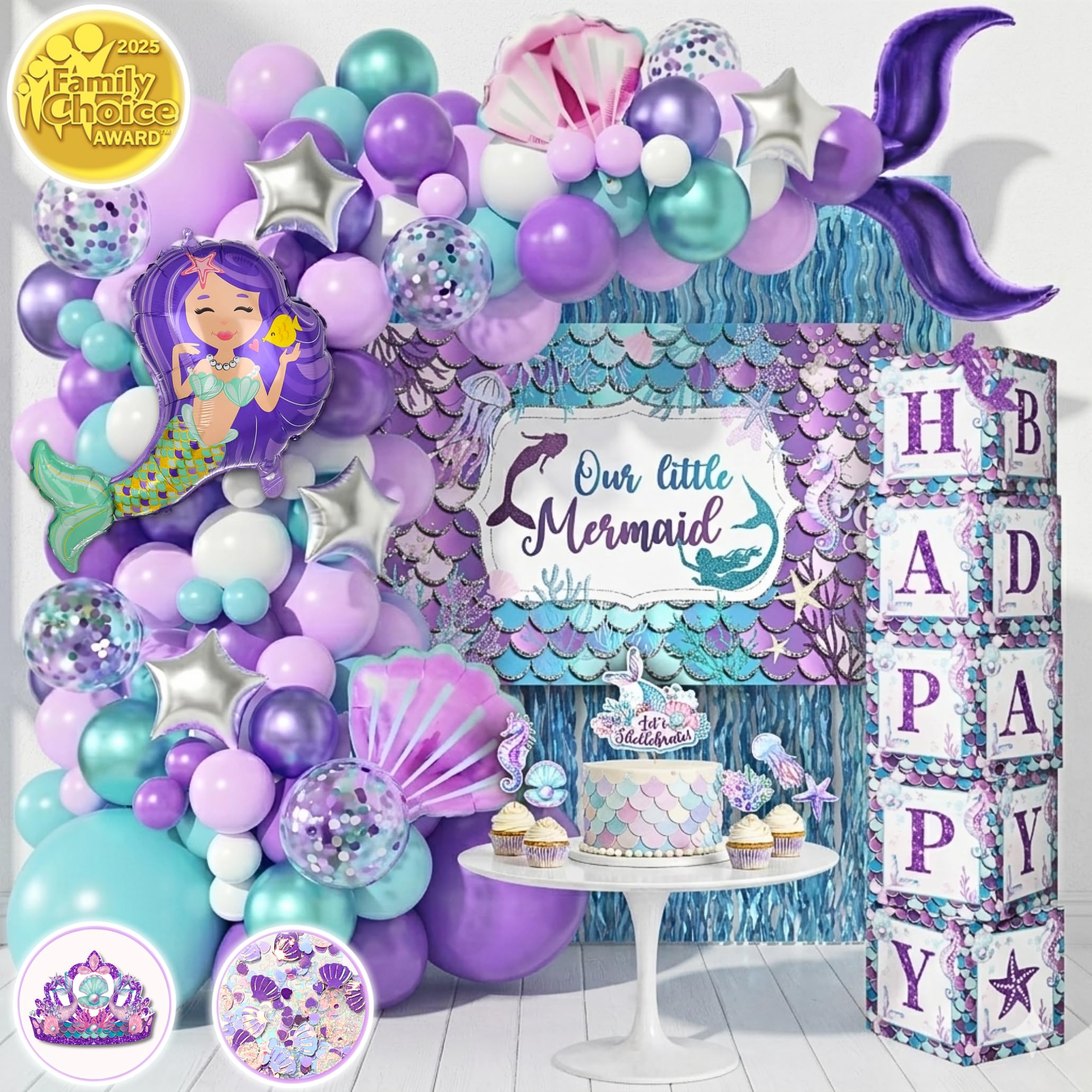 248 Pieces Little Mermaid Birthday Decorations Kit, All-in-1 Girl's Party Decor Package With Mermaid Tail Balloon Garland, Foil Curtains, Fabric