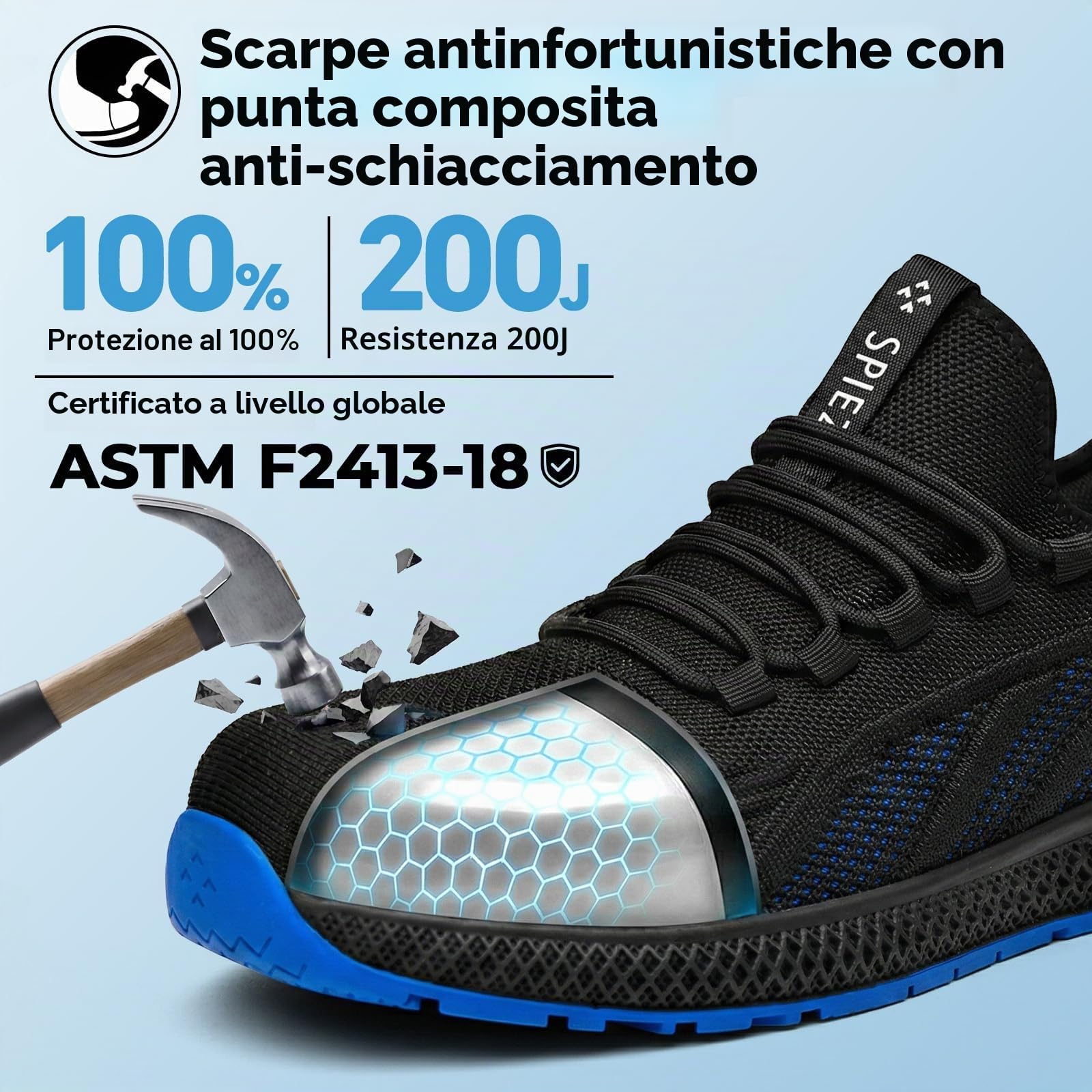 SPIEZ Scarpe Antinfortunistiche Uomo Donna,Leggere,Traspiranti,Slip-On con Punta in Composito,Sneakers da Lavoro Ideali per Uso Quotidiano,Nero Blu,Taglie EU 35-46