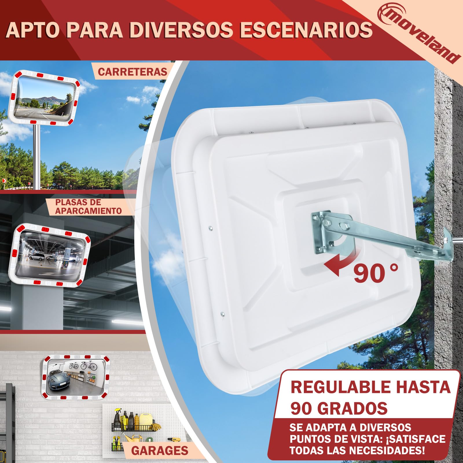 moveland Espejo de Tráfico Rectangular 40x60 cm – Espejo Acrílico Profesional con Soporte Ajustable, Fácil Montaje, Amplio Ángulo de Visión para Tráfico, Calles y Garajes (Interior y Exterior) | Espejo acrílico para carretera con soporte ajustable, fácil