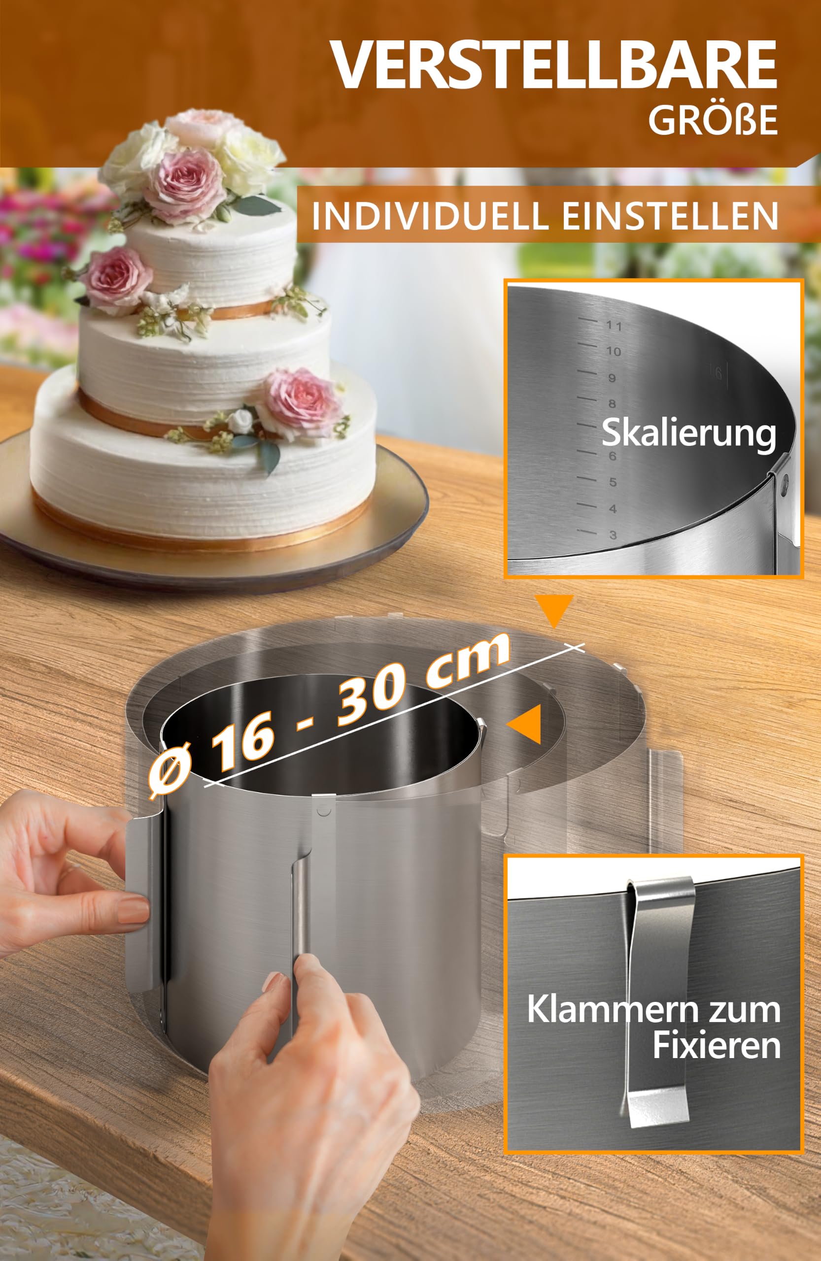 4smile Pierścień do tortu regulowany wysokość 15 cm – stal szlachetna Ø 16-30 cm, stabilna forma do tortu – okrągły pierścień do ciasta, regulowany, okrągła ramka do pieczenia i dekorowania