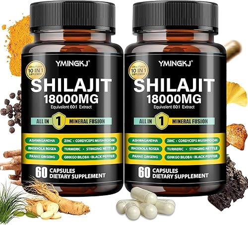 Cápsulas Shilajit de 18000 mg con Ashwagandha, Rhodiola Rosea, Panax Ginseng, Cordyceps, cúrcuma, ginkgo, ácido fúlvico traza minerales suplemento