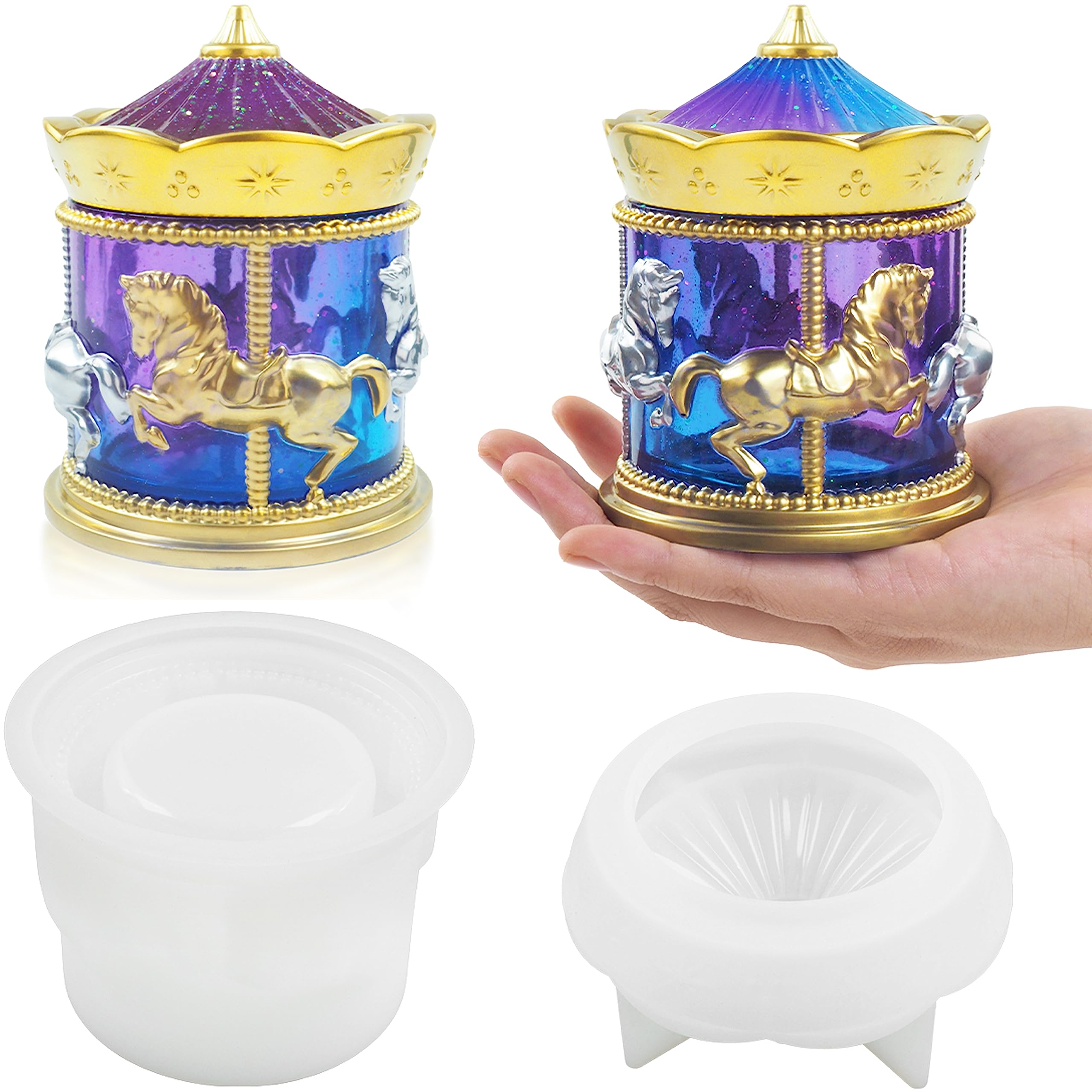 Pulcher Resin Molds, Carousel Horses Jar Silicone Molds Epoxy Mold with Lid Storage Box Container Decoration for Resin Casting Craft DIY Gifts