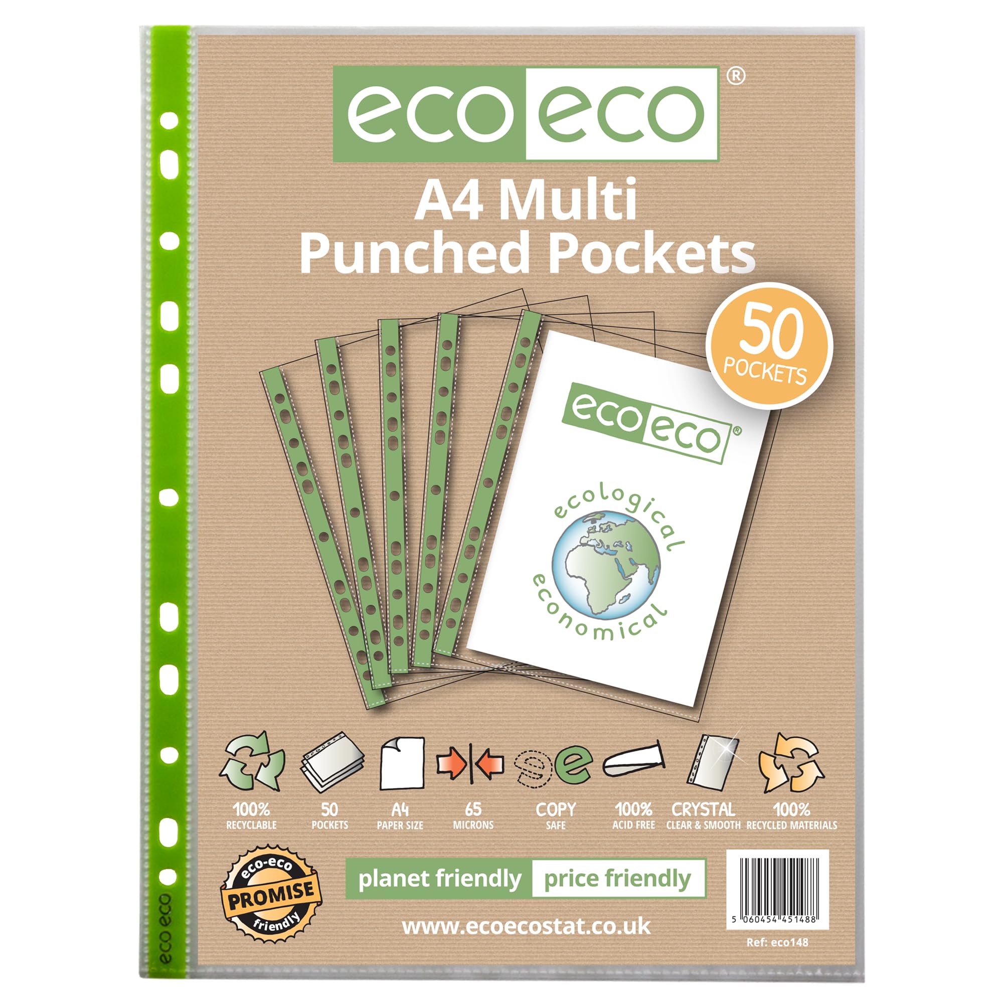 eco-eco A4 100% Recycled Premier Multi Punched Pockets Glass Clear, Transparent Poly Wallet Sheet Protector, 65 Microns (Pack of 50), eco148