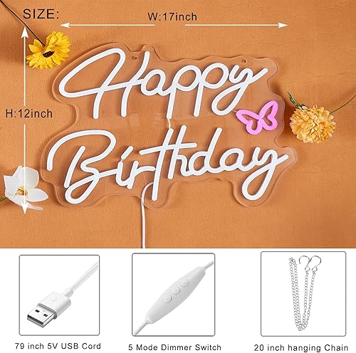 Miniatura 6 de Letrero de cumpleaños con atenuador de 5 modos, letrero de neón de feliz cumpleaños para telón de fondo, letrero luminoso de feliz cumpleaños,