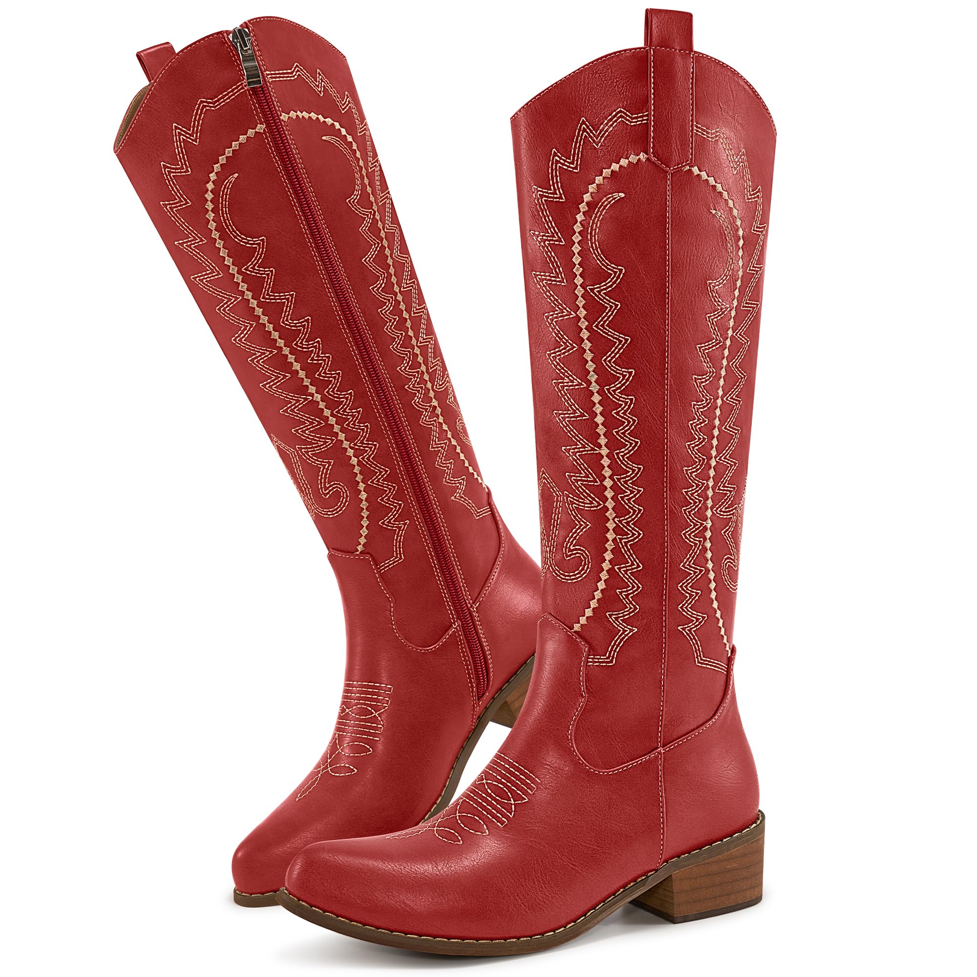 Western Cowboy Boots for Women Embroidered Knee High with Chunky Heel Pointed Toe Retro Fashion Side Zipper Tall