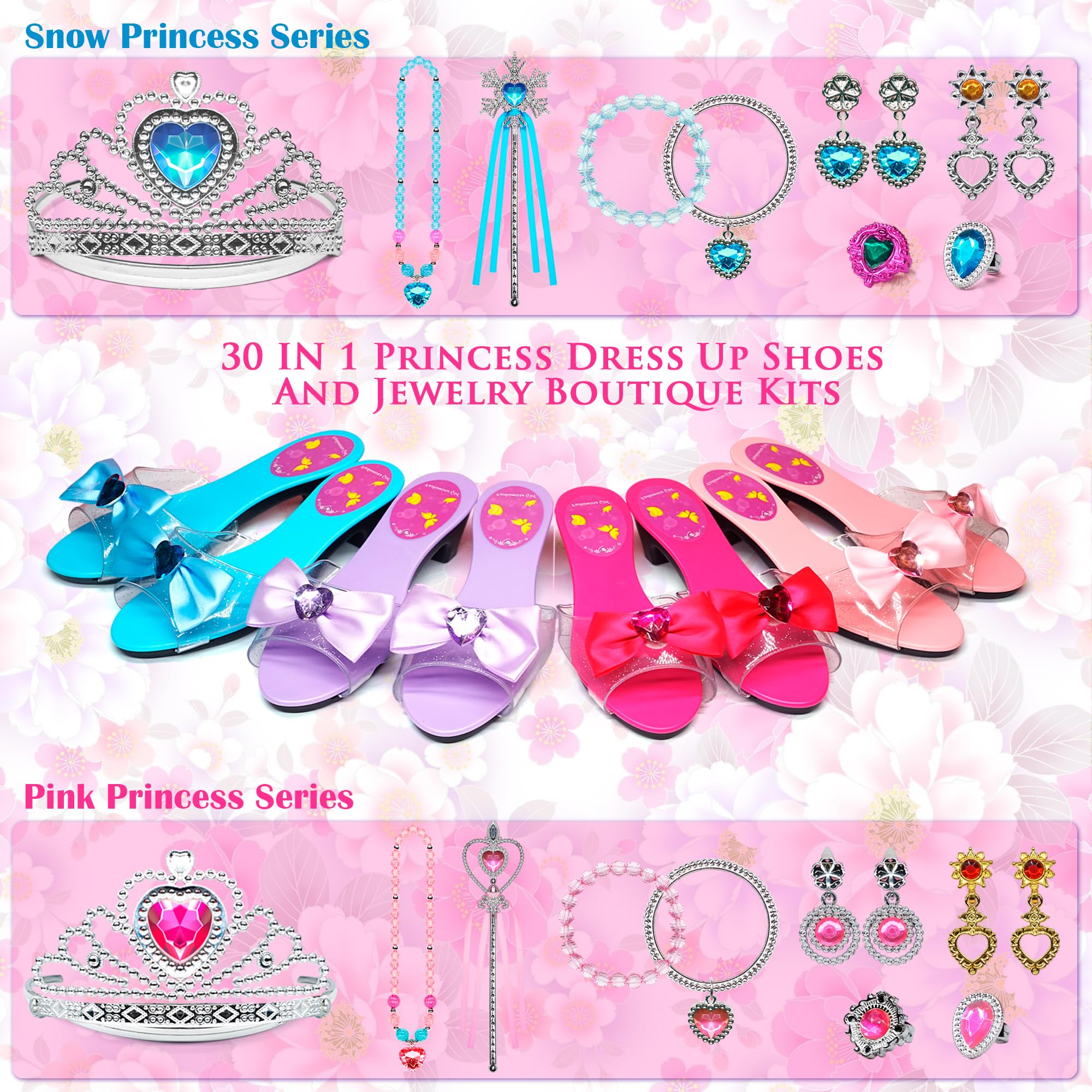 Princess Dress Up dziewczęce buty – buty dla małych dzieci do zabawy i udawanie biżuterii, zestaw akcesoriów, zabawka dla dzieci z koroną, pierścionek, bransoletka dla małych dziewczynek w wieku 3-6