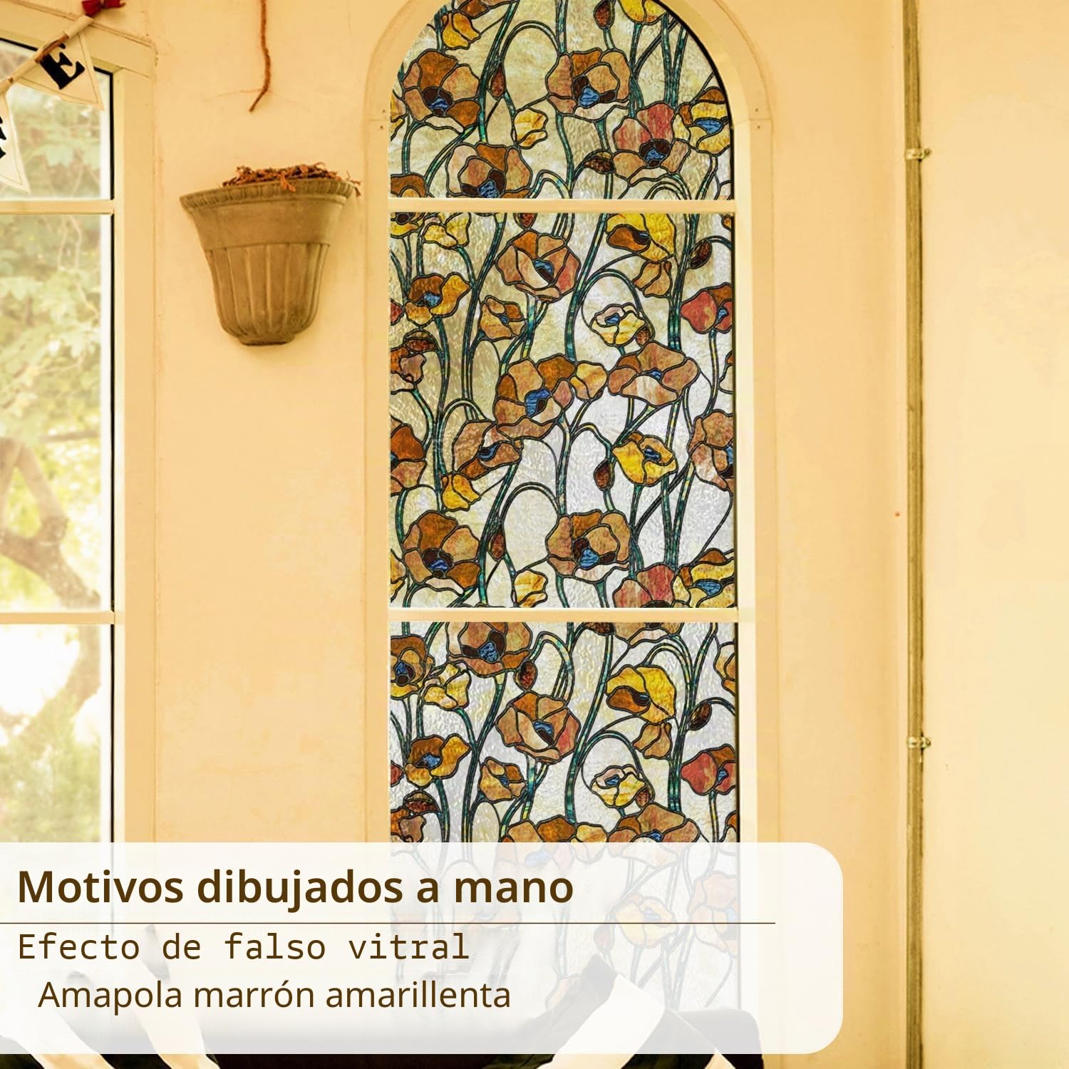 Película decorativa autoadhesiva para ventana, vidrieras, 43 x 300 cm, amapola marrón amarillenta, decoración de vidrio dibujado a mano para dormitorio, sala de estar, cocina y oficinas