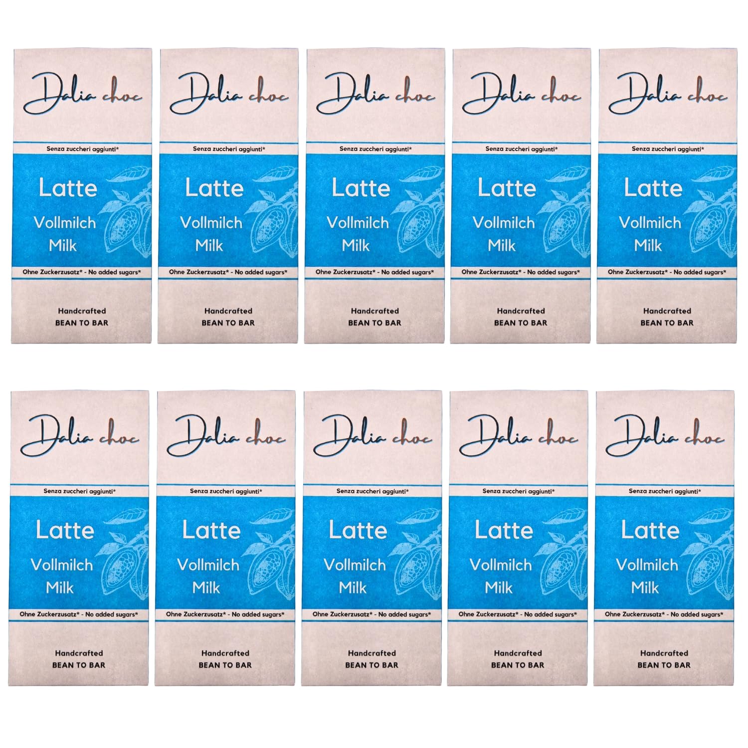 Dalia Choc - Tavolette di cioccolato PREMIUM - 10 Pezzi | Senza Aggiunta di Zuccheri | Prodotto in ITALIA | BEAN TO BAR - LATTE