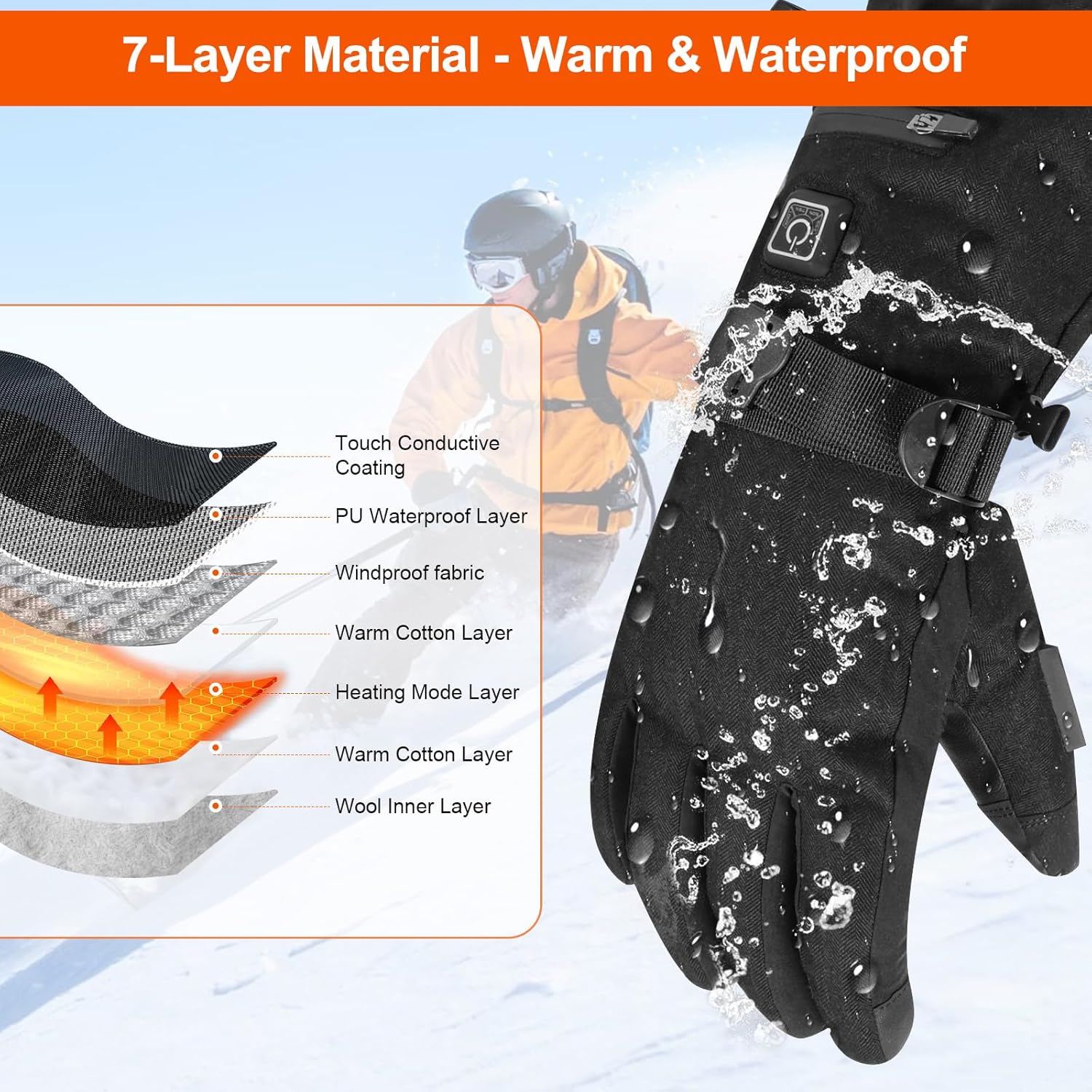 Heated Gloves for Men Women - Rechargeable Heating Ski Gloves 7.4V 22.2WH Battery with Touchscreen, 3-Level Adjustable, Waterproof Winter Warming Glove for Outdoor Hunting Hiking Camping