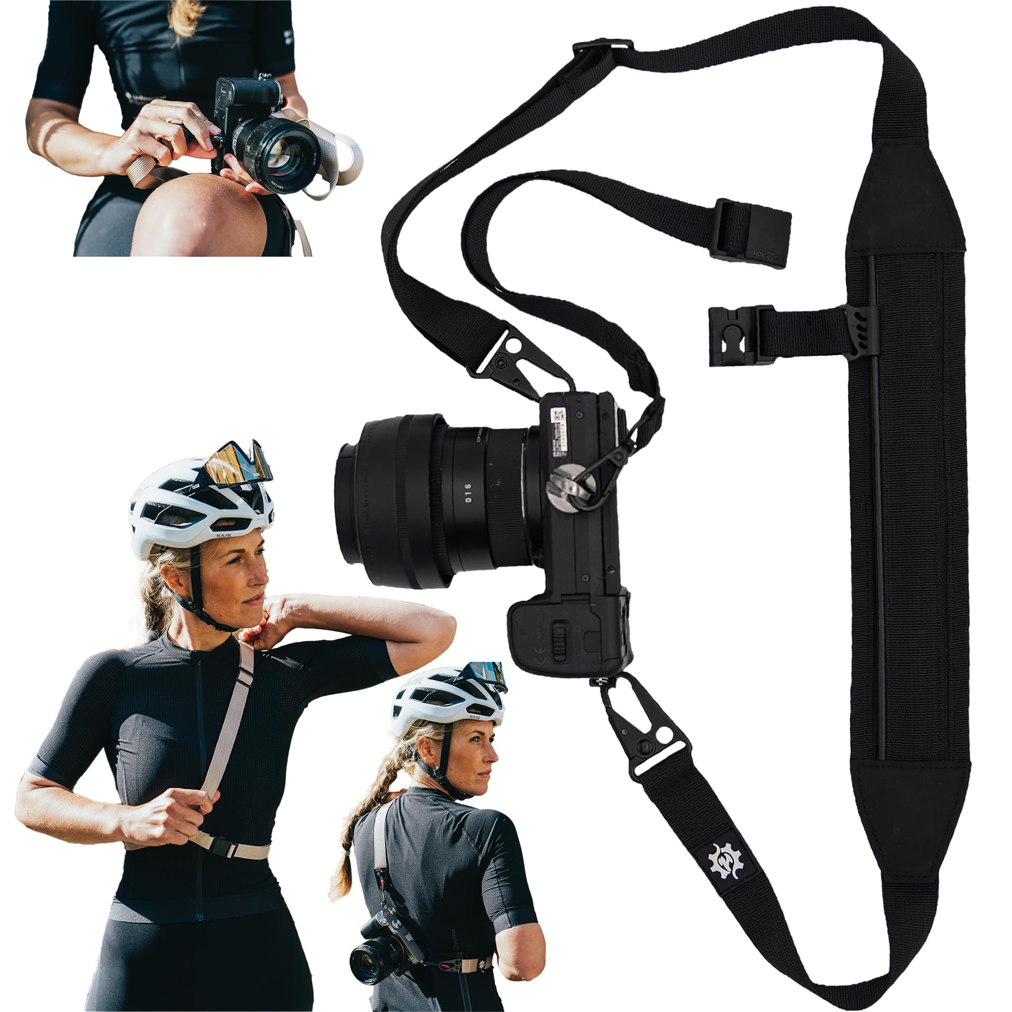 Lumiere & Co. Fidlock Magnetic Cycling 3 Point Camera Strap, Magnetic attachment for fast on and off attachment on the bike