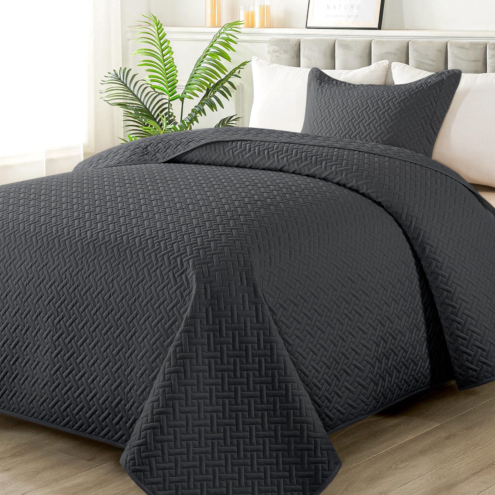 Quilt Set Twin/Twin XL Size - Soft Lightweight Quilts Summer Quilted Bedspreads - Reversible Coverlet Bedding Set for All Season 2 Piece (1 Quilt, 1 Pillow Sham) - Dark Grey