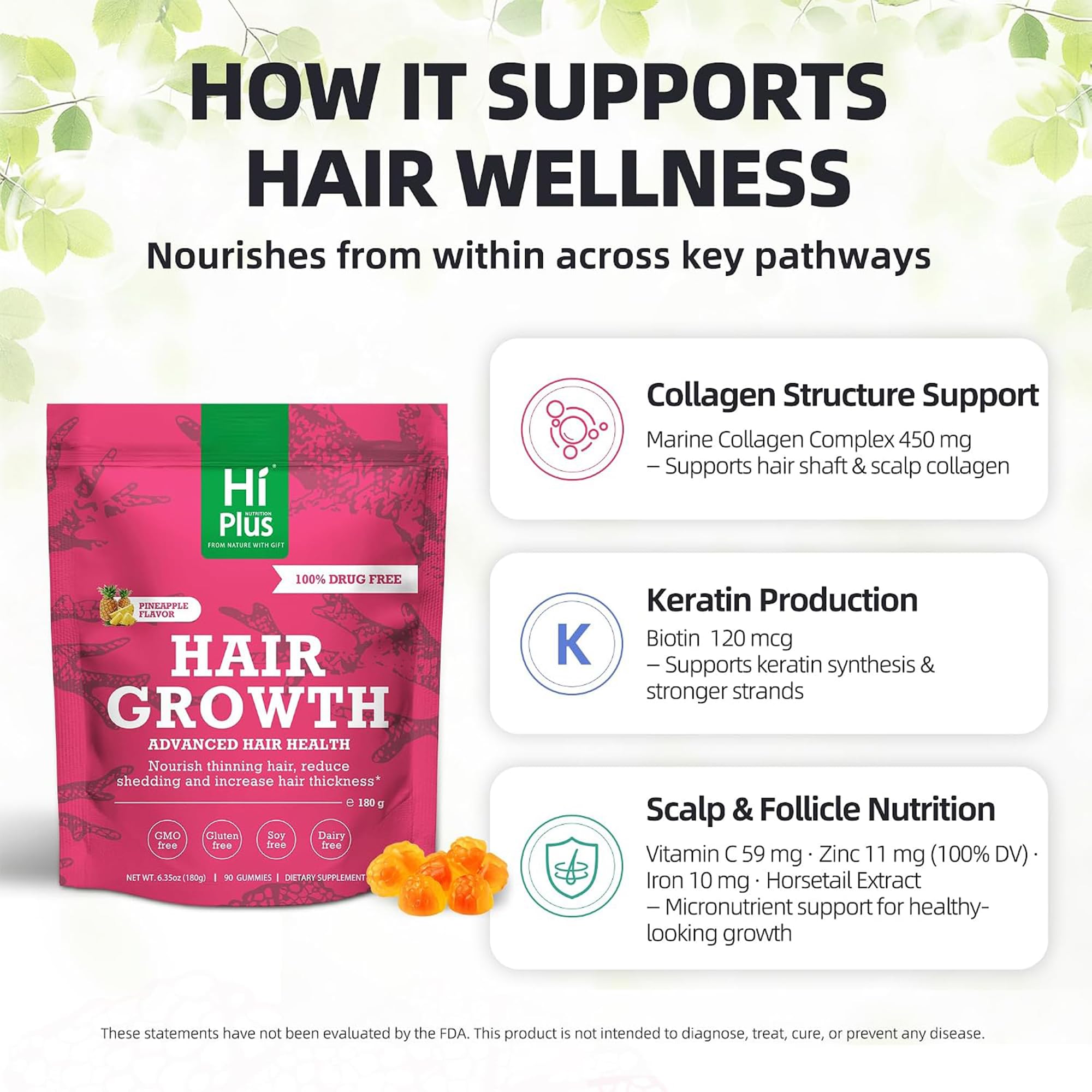 Gomme gommose per la crescita dei capelli per uomini e donne, vitamine per la crescita dei capelli con biotina, collagene, vitamina C, ferro e zinco, supporta capelli più spessi, più forti, sapore di