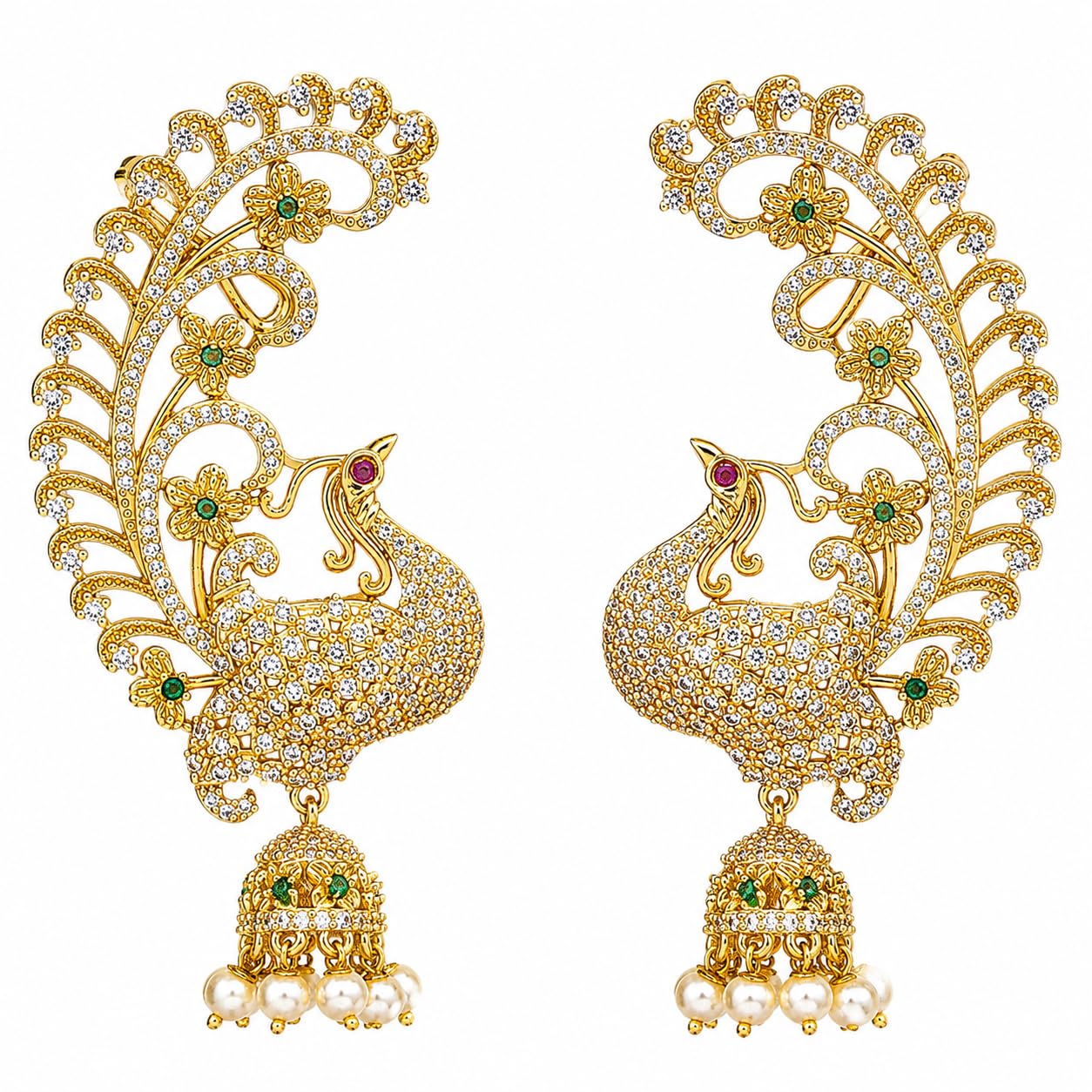 Peacock Design Gold Plated American Diamond Jhumka Ear Cuff Earrings with Pearl Drop, Bridal Wedding Traditional Ethnic Jewelry-image-41