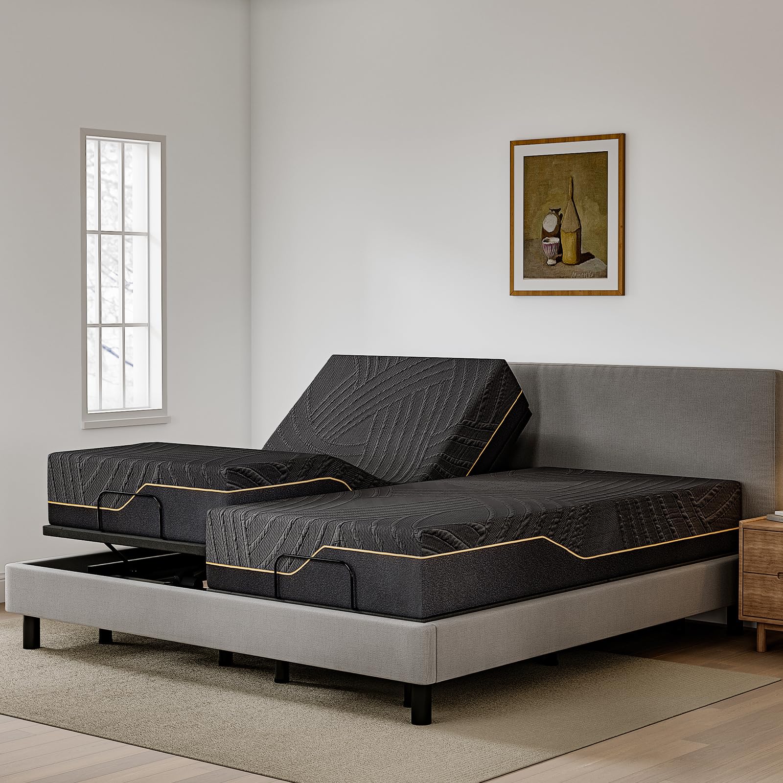 Split King Adjustable Bed Frame with Mattress, 14 inch Copper Memory Foam Mattress, CertiPUR-US Certified Fiberglass Free, Wireless Remote, Head & Foot Incline, 80"×76"