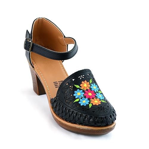 Mexican Leather Shoes with Embroidered Flowers, with heels for Women - Model 102BL (7, Black)
