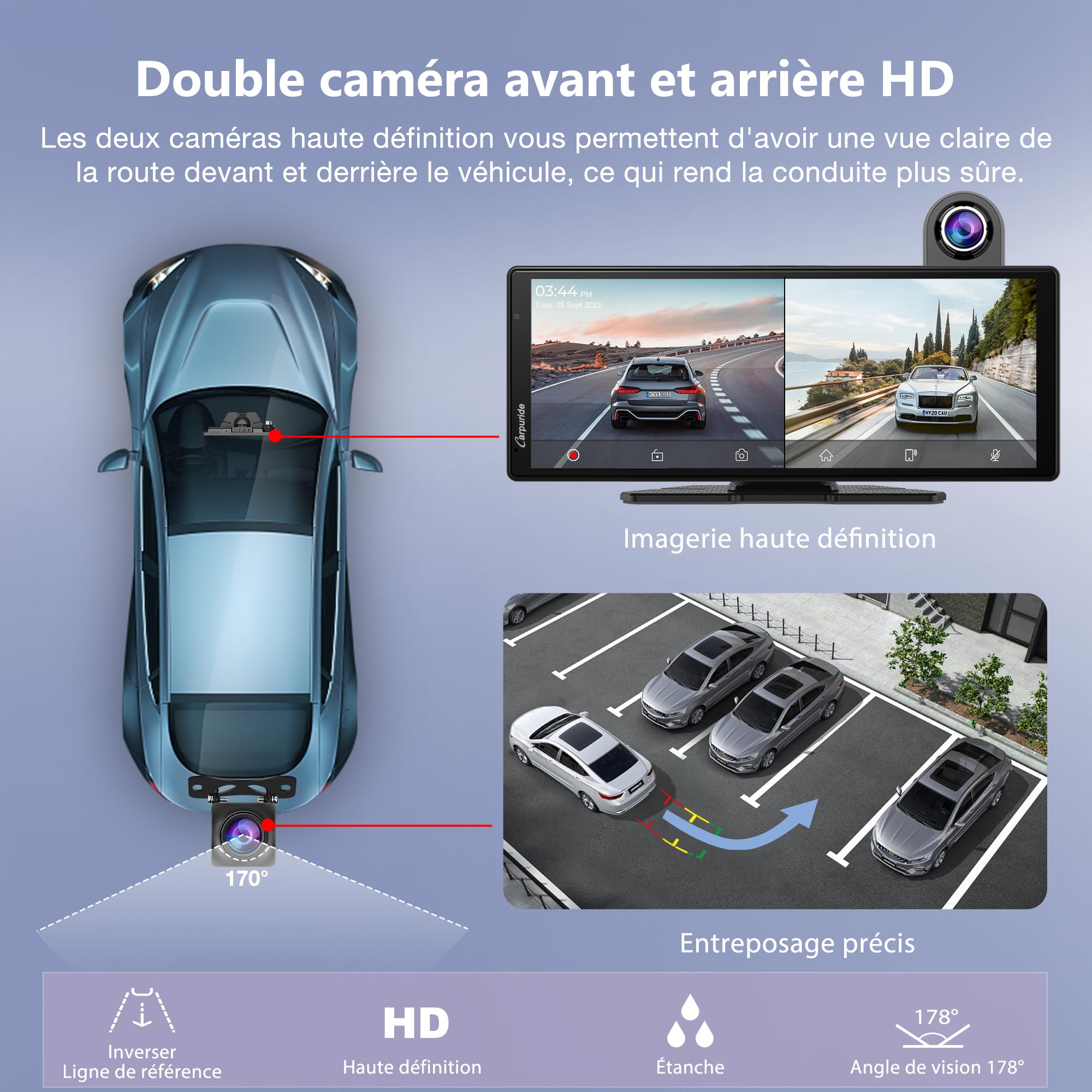 Carpuride W904 10.26" Carplay sans Fil et Android Auto avec Dash Cam | Écran Tactile pour Voiture, Caméra Avant 4K et Arrière 1080P, Enregistrw Ement en Boucle, Audio BT, Mirror Link, GPS, Siri