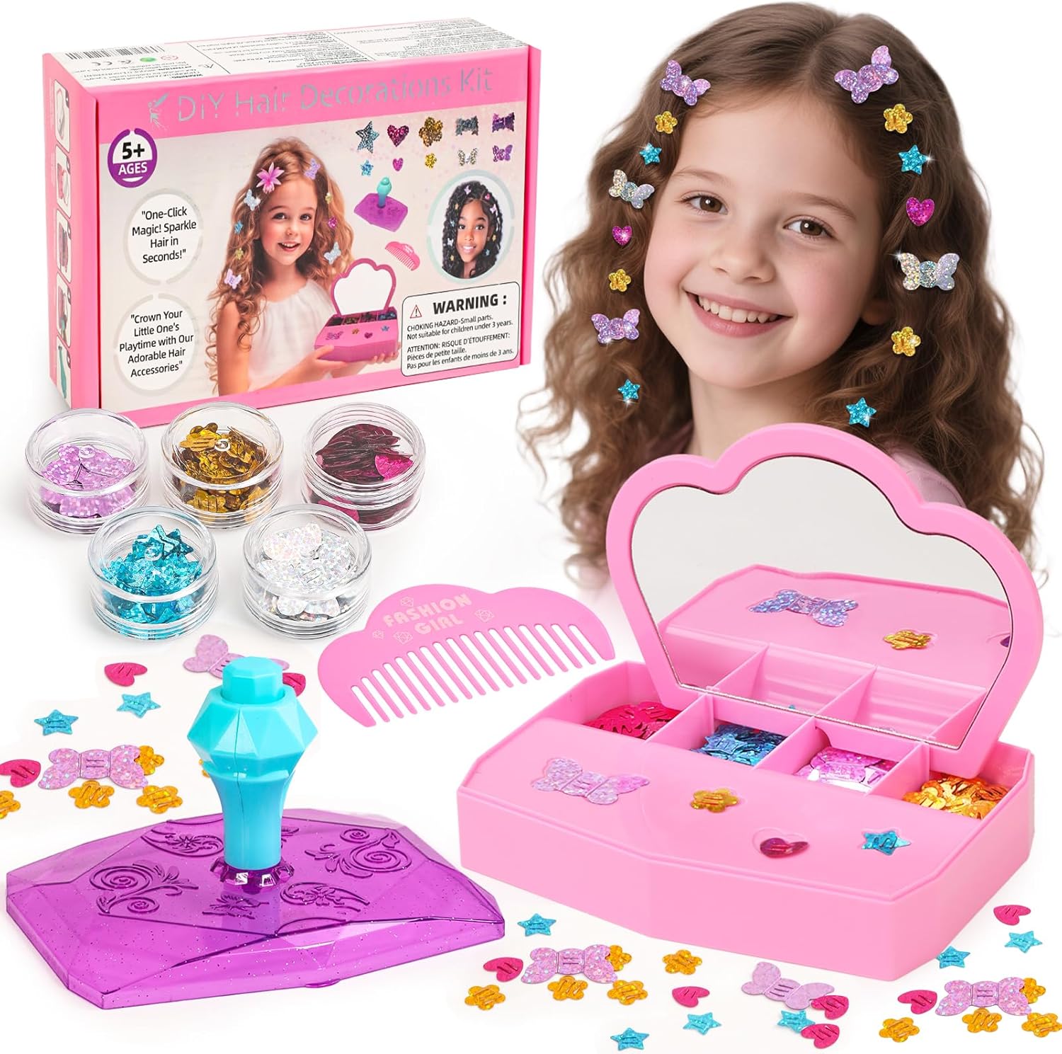 WooWee Hair Gem Stamper Kit, Sparkling Hair Jewels Styling Tool for Girls, Creative DIY Hair Art Crafts with Glitter Sequins, Birthday Party Gifts Toys for Girls Ages 3-12 Years Old