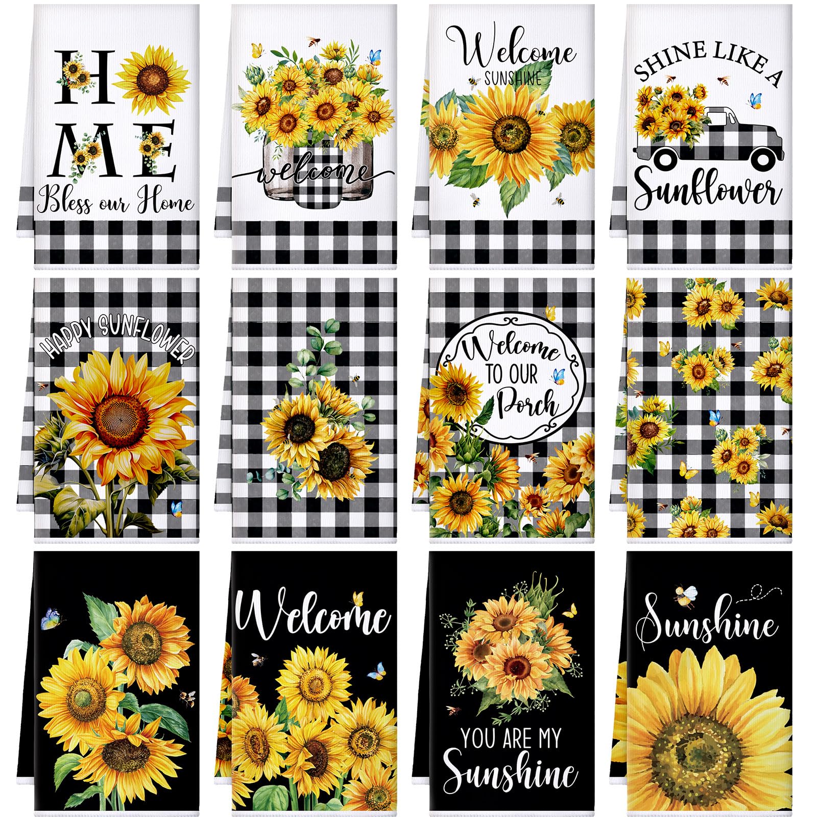 Bencailor 12 Pcs Sunflower Kitchen Towels Sets Decorative Dish Towels Absorbent Fast Drying Hand Cloths Hanging Reusable Cleaning Dishcloths Seasonal Holiday Home(Yellow,Sunflower)