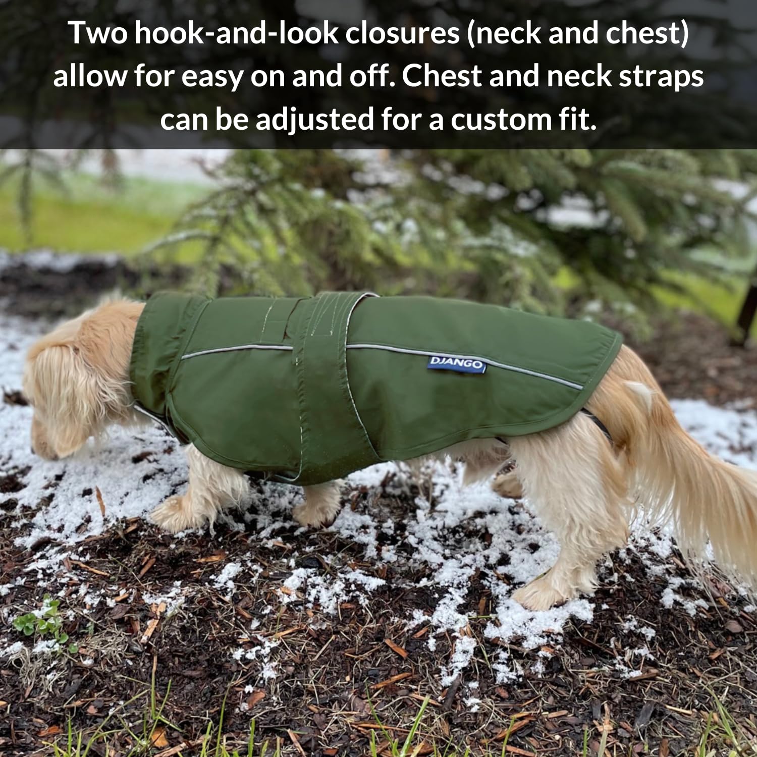 DJANGO Hundejacke und Regenmantel – leichter, wasserabweisender Mantel für kleine, mittelgroße und lange Hunde wie Dackel – reflektierend, verstellbare Passform, Geschirr-kompatibel und leicht
