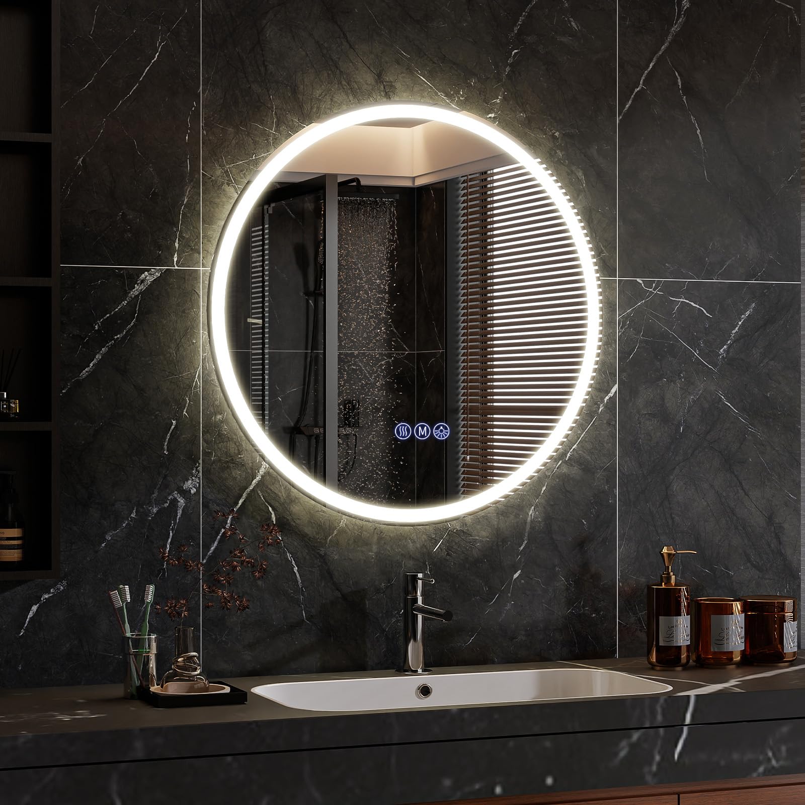 Koonmi runder LED Badspiegel 60 cm, dimmbar | Wandspiegel mit 3 Lichtfarben, Antibeschlagfunktion und bruchsicherem Glas für Badezimmer und Waschtisch