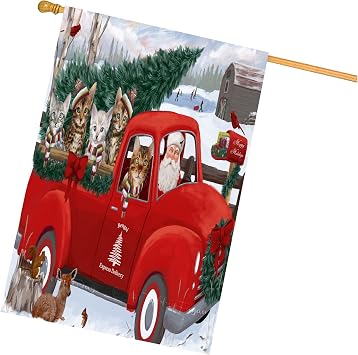 Christmas Santa Express Delivery Red Truck Bengal Cats House Flag - Outdoor Double Sided Weather Resistant Premium Quality Home Decorative Flags - 100% Polyester 29"w x 43"h