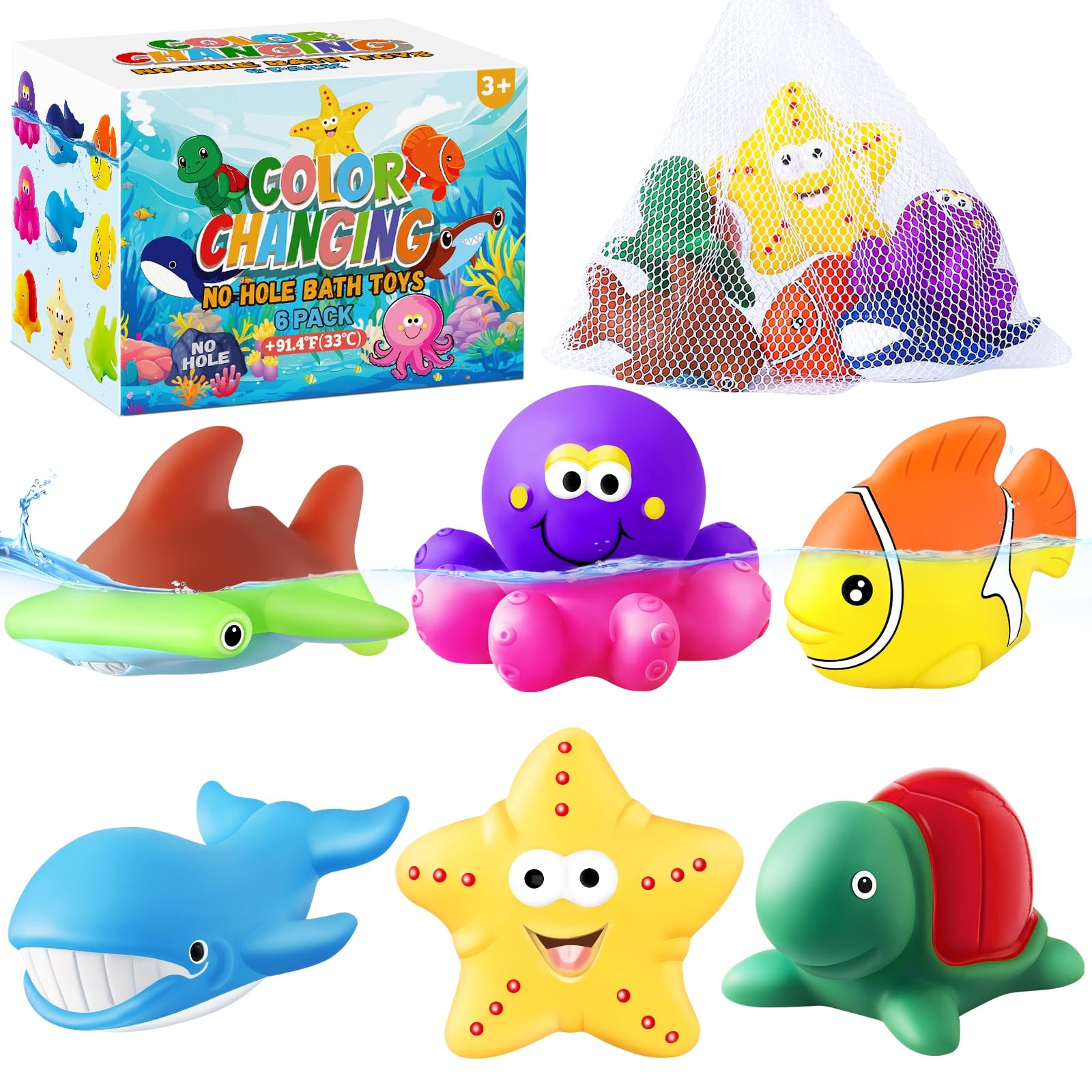 MACALOCA 6 Piezas Juguetes de baño para niños sin Agujeros decolorados, Juguetes de Animales Marinos decolorados con Bolsas secas Juguetes de baño para bebés de baño acuático de Pescado Flotante