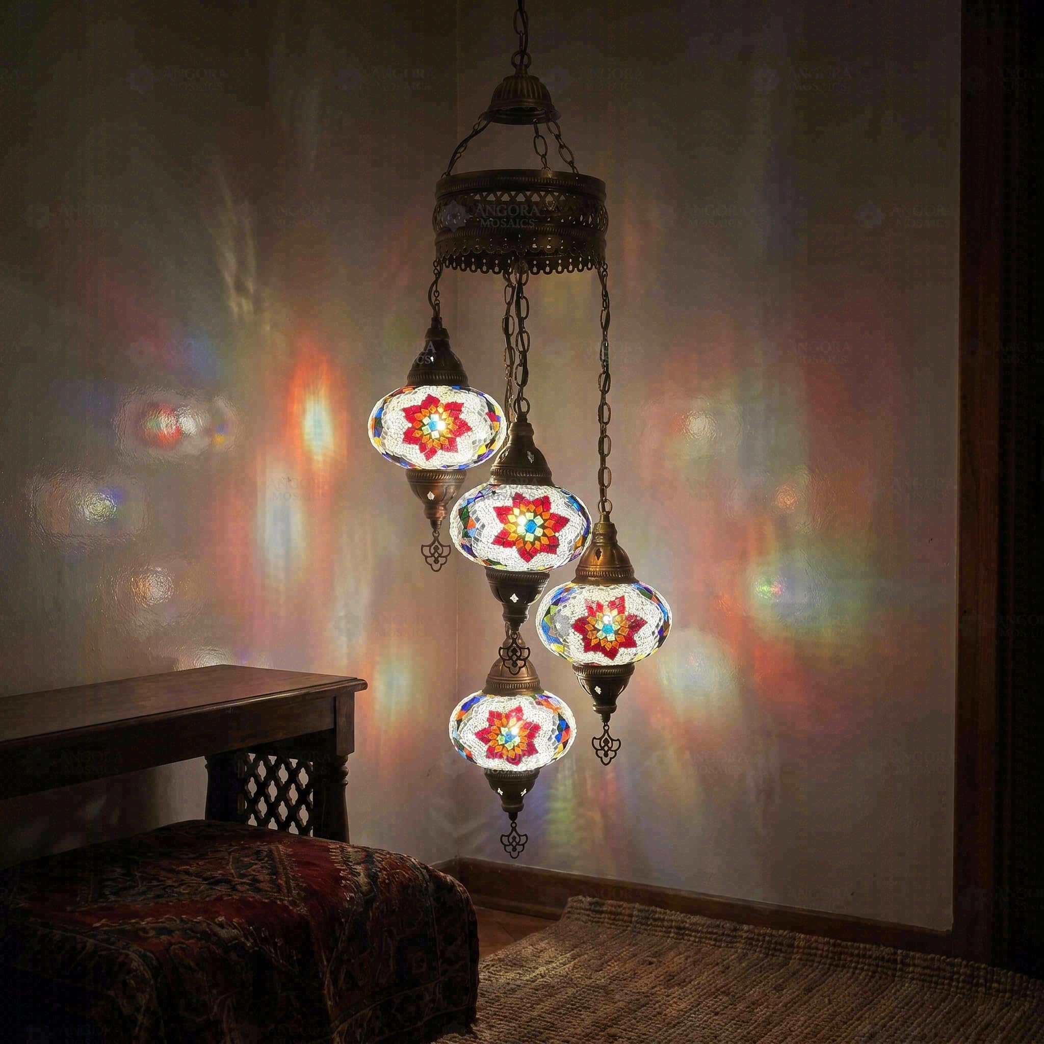 ENVA Multicolor Turkish Mosaic Chandelier - 4 Globe Hanging Mosaic Lamp - Starburst Pattern - Handmade Moroccan Ceiling Pendant Light
