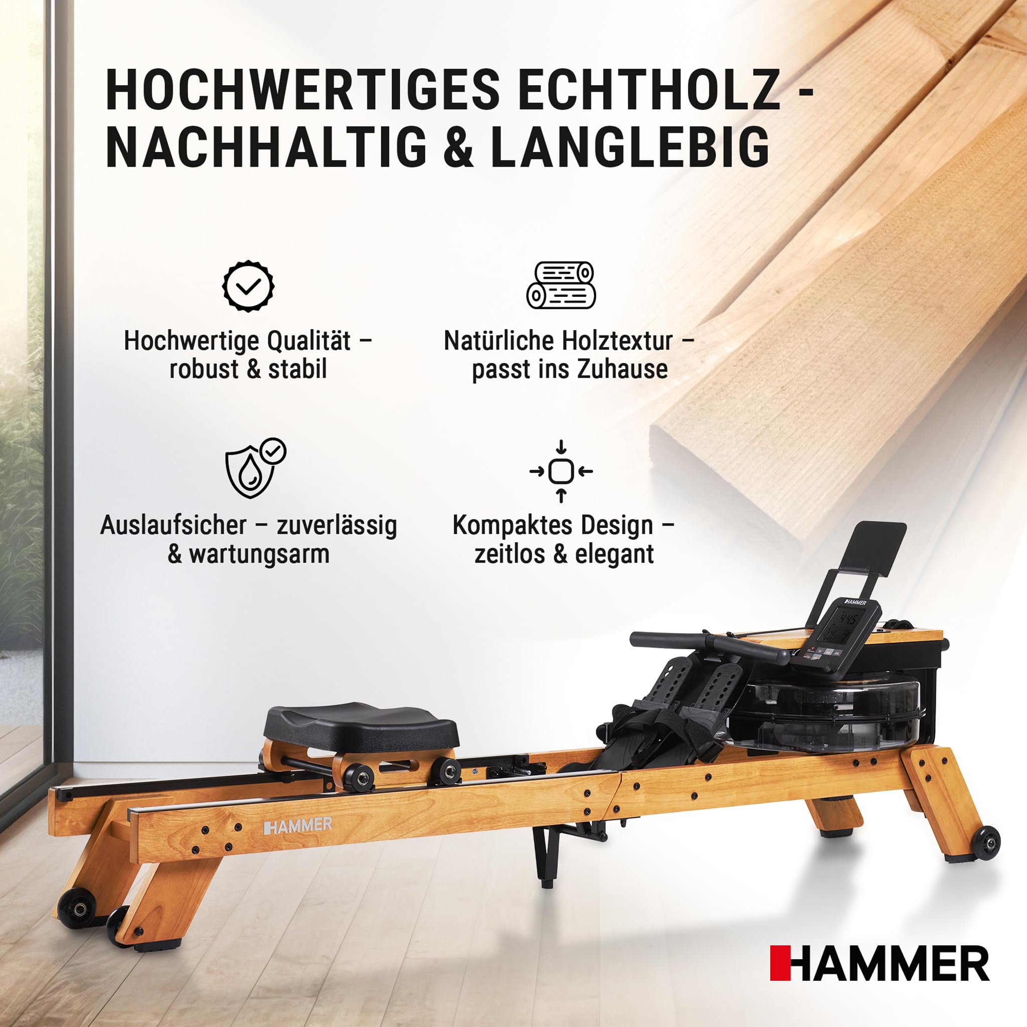 HAMMER Vogatore ad Acqua AquaFold - Vogatore pieghevole per casa in vero legno con ruote, macchina per il canottaggio con Bluetooth, computer di allenamento