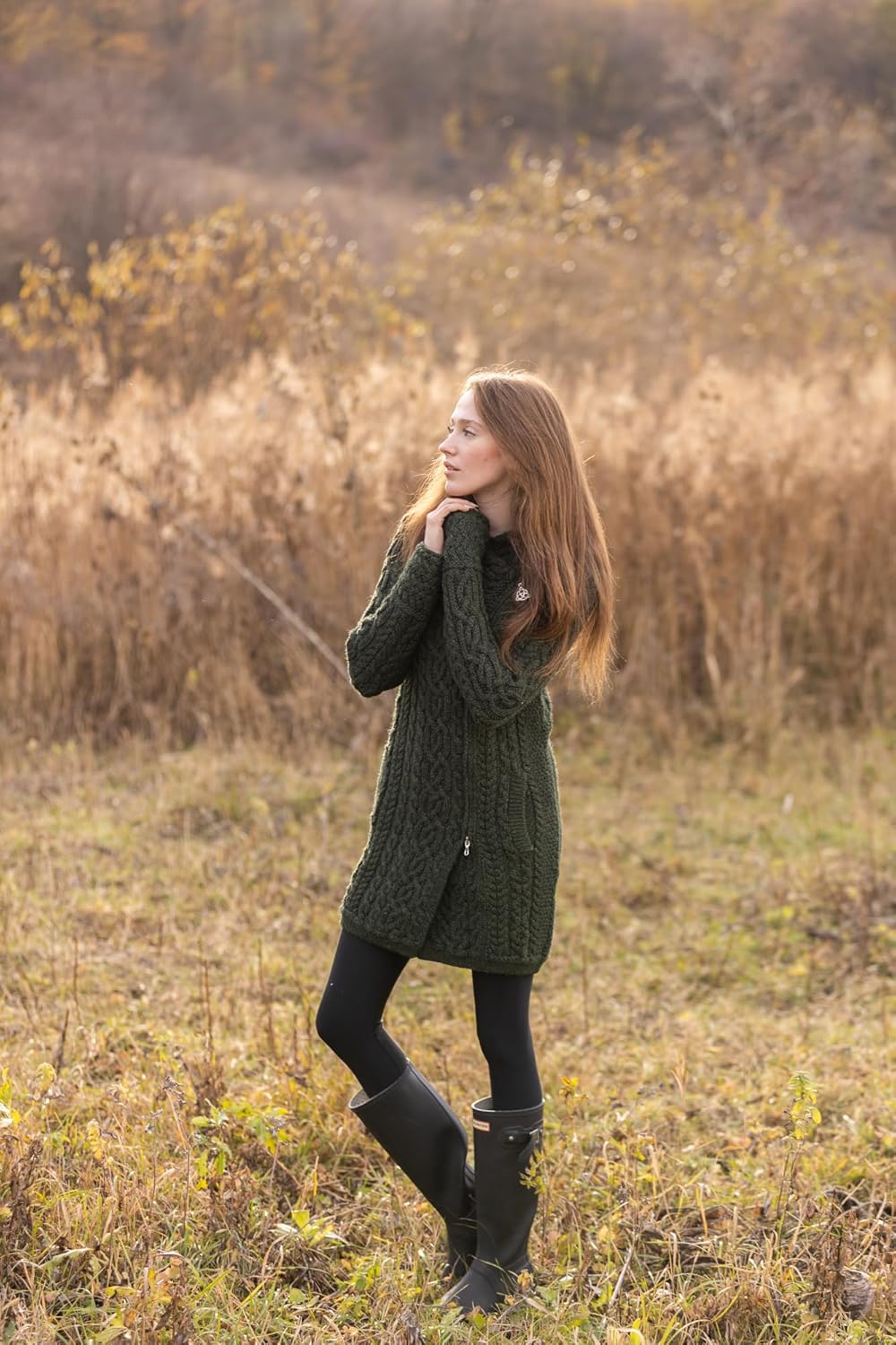 SAOL Ladies Irish Aran Zip Cardigan - 100% Merino Wool Coat with Pockets and Hood, Made in Ireland