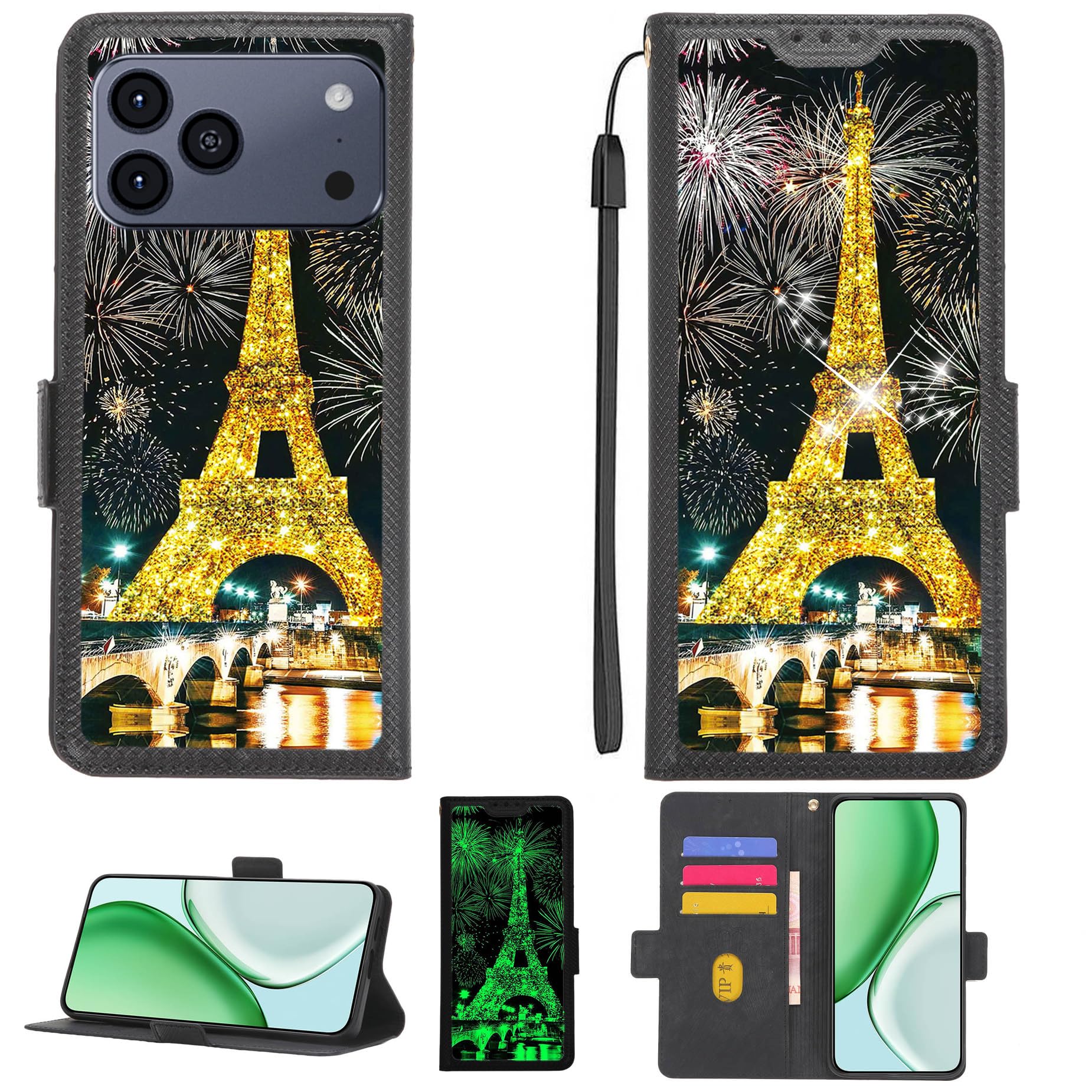 Aroepurt Funda Compatible para Hotwav A17 Pro MAX Funda Case Carcasa Soporte Cover [con 9H Dureza HD Protector Pantalla][Bloqueo RFID][Purpurina Dorada + Brillante] PTH-TT
