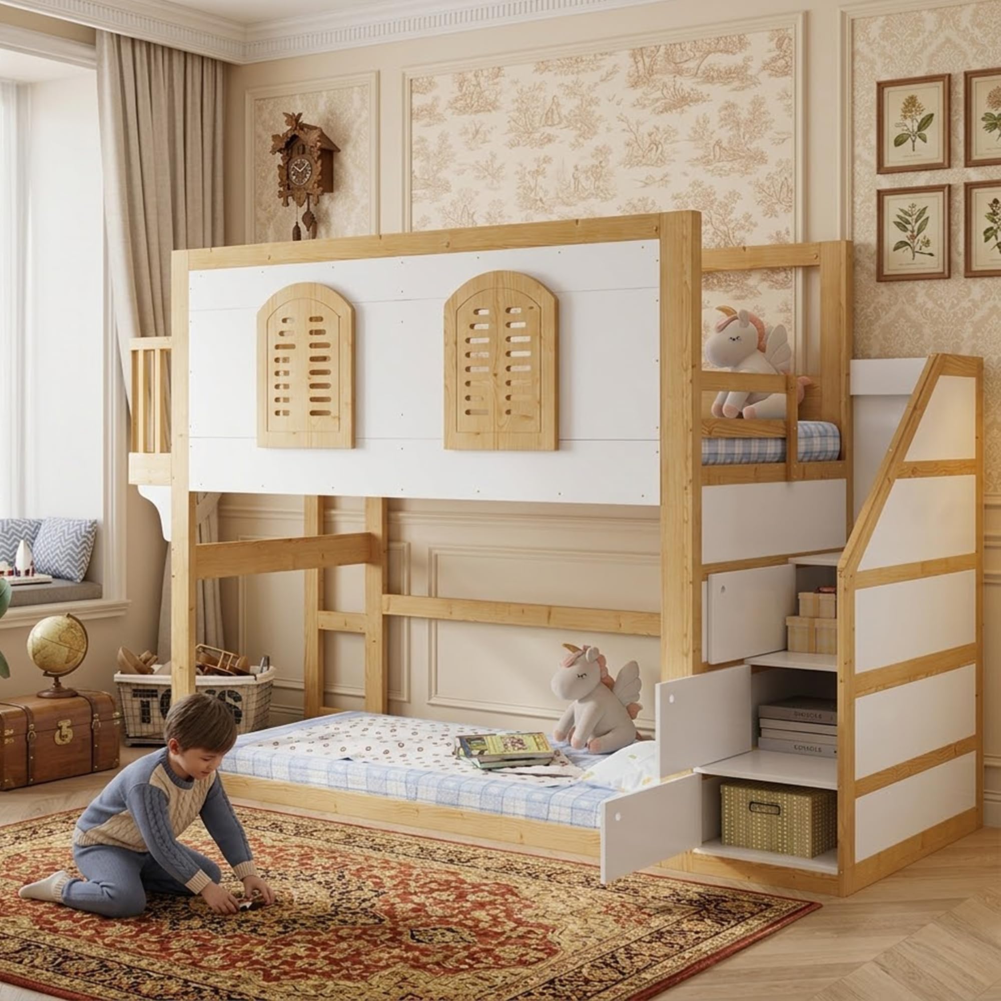Kinder-Hochbett 90x200 cm, Massivholz Weiß & Natur, Treppenschrank, Spielfläche, Fenster, Sicherheitsgeländer, Lattenrost