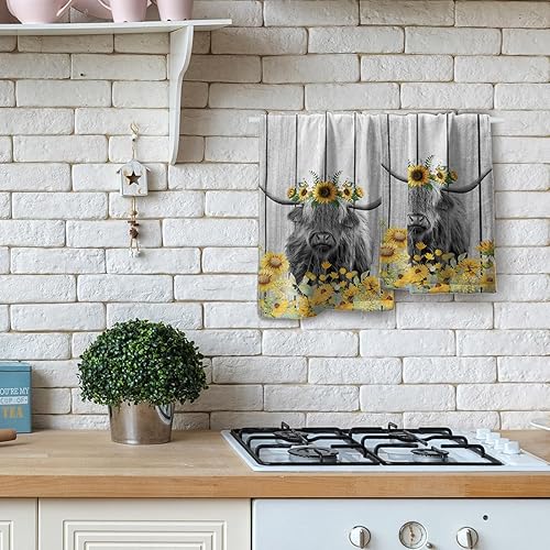 Miniatura 8 de Highland Cow - Juego de 2 toallas de mano de margaritas amarillas, suaves, absorbentes, toallas de cocina decorativas para baño, para el gimnasio de