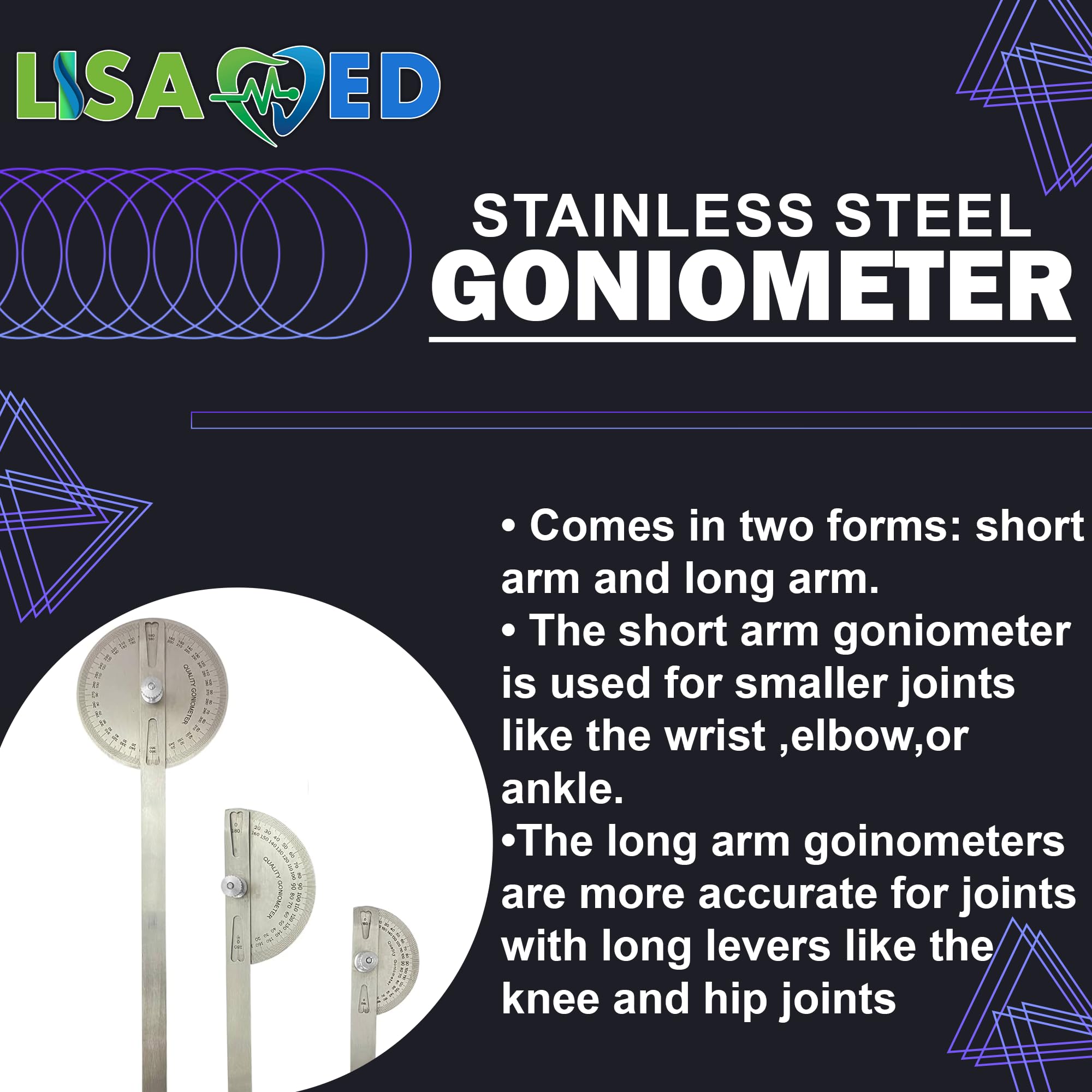 LISAMED Goniometer Degree Protector Angle Finder Arm Rule professional Measurement Scale | Stainless Steel Metal Set of 3 (Small, Medium, Large) - Image 4 thumbnail