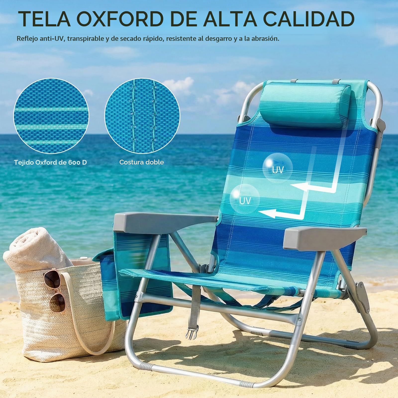 LIFERUN Silla de Playa Plegable de Aleación de Aluminio, Silla Plegable Ligera y Portátil como Mochila, Silla de Camping, Reclinable, Capacidad de Carga de hasta 150 kg, Silla Plegable de Exterior