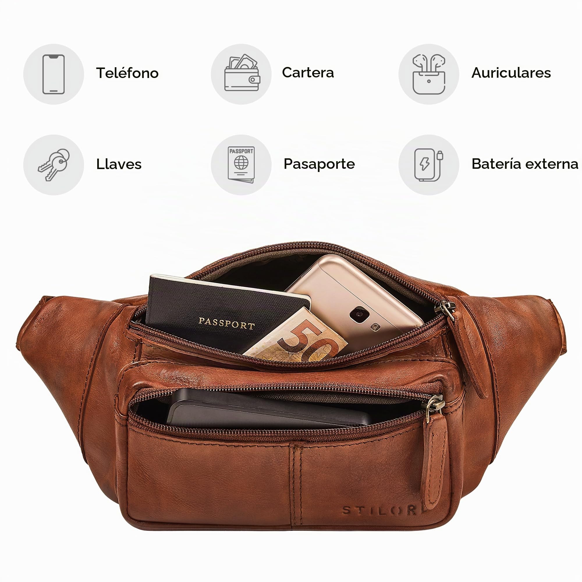 STILORD 'Devon' Riñonera Hombre Cuero Cognac Vintage con Muchos Compartimentos - Riñoneras Hombre Cuero Auténtico antirrobo - Ideal Bolso Cinturon en Viajes y Festivales